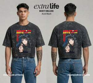 Playera streetwear premium de anime y gaming ExtraLife MX, corte boxy deluxe mineral wash heavyweight en color Acid Wash, moda urbana mexicana de culto.