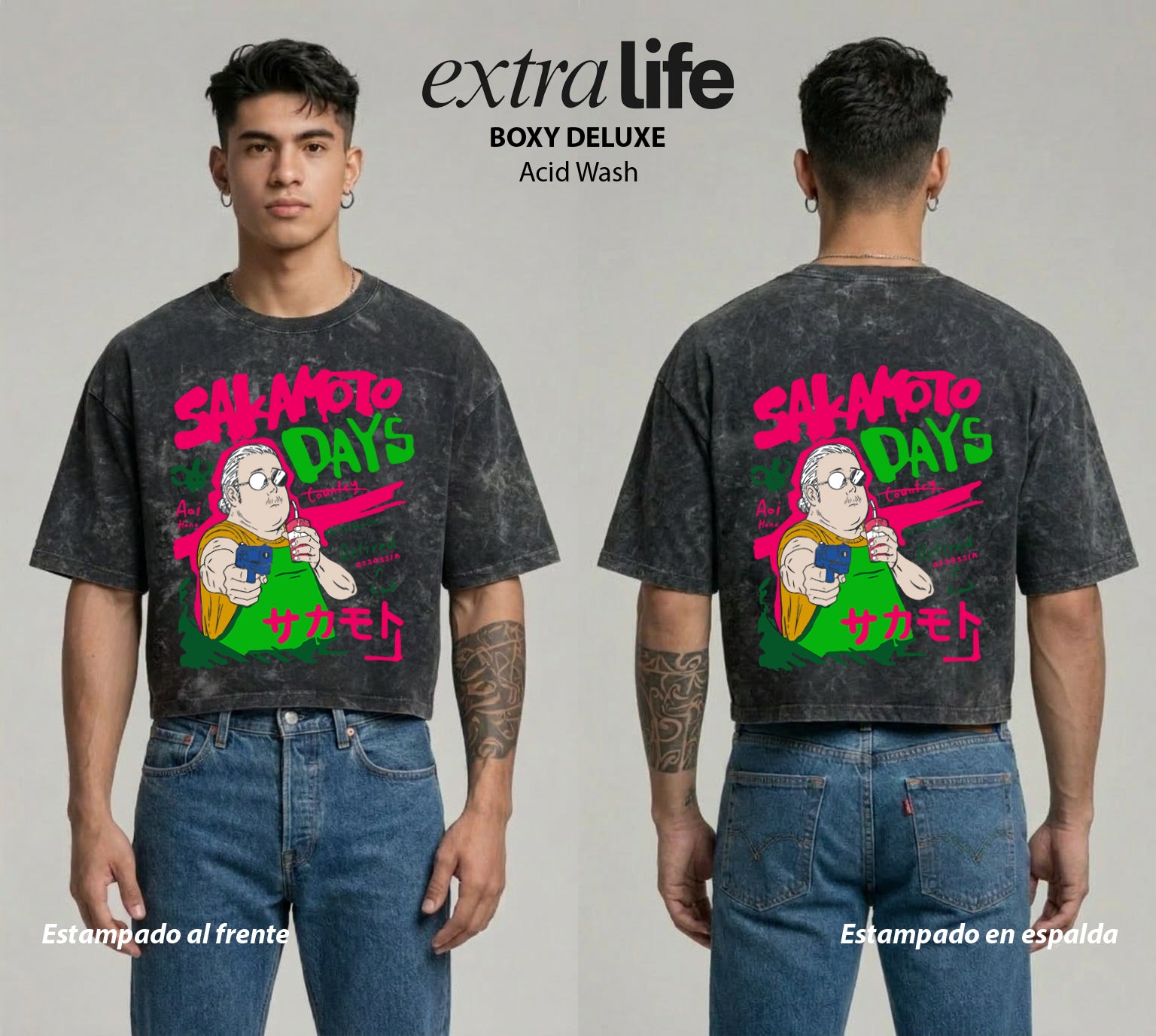 Playera streetwear premium de anime y gaming ExtraLife MX, corte boxy deluxe mineral wash heavyweight en color Acid Wash, moda urbana mexicana de culto.
