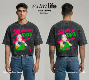 Playera streetwear premium de anime y gaming ExtraLife MX, corte boxy deluxe mineral wash heavyweight en color Acid Wash, moda urbana mexicana de culto.