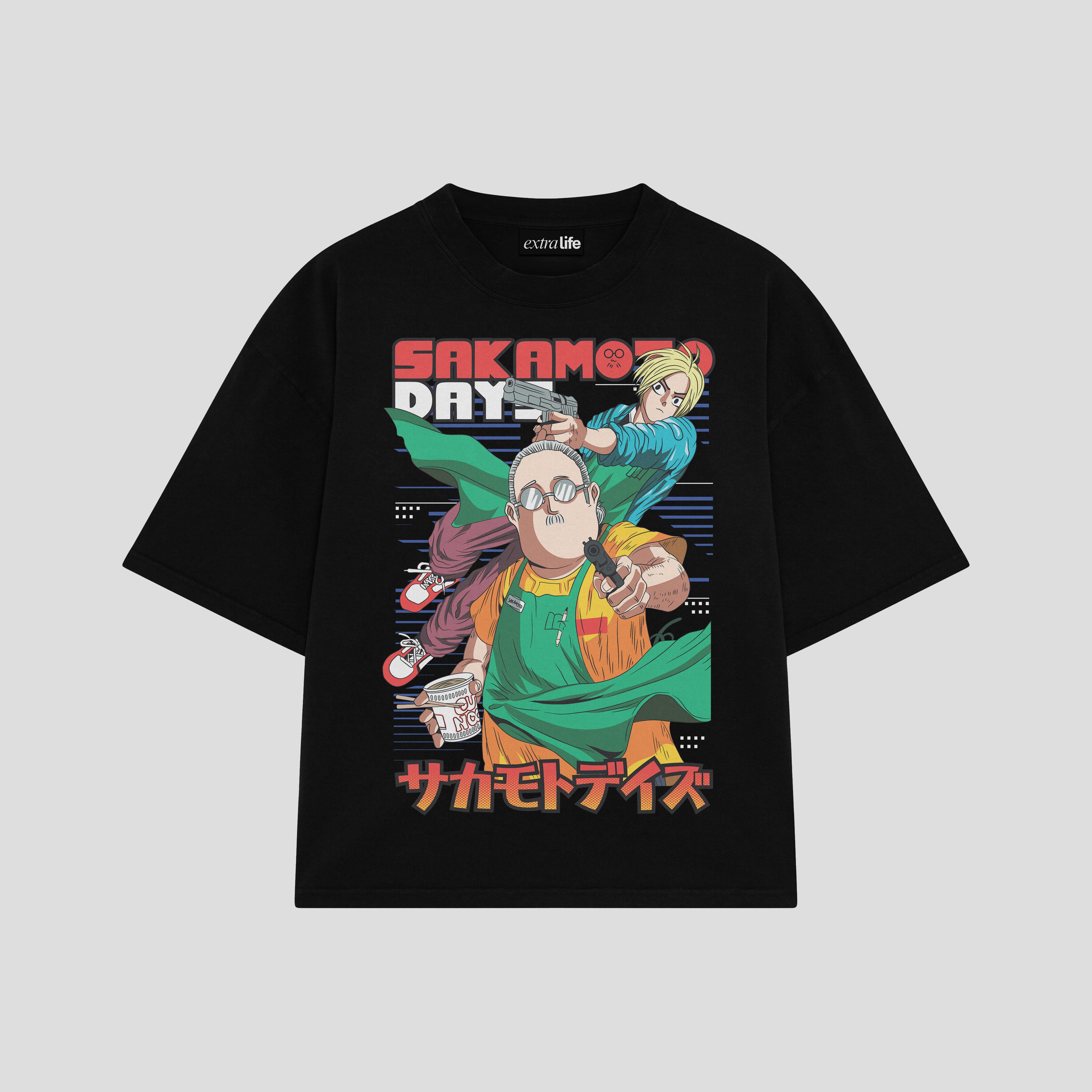 Playera streetwear premium de anime y gaming ExtraLife MX, corte boxy oversized drop shoulder heavyweight en color Deep Black y Off-White, moda urbana mexicana de culto.