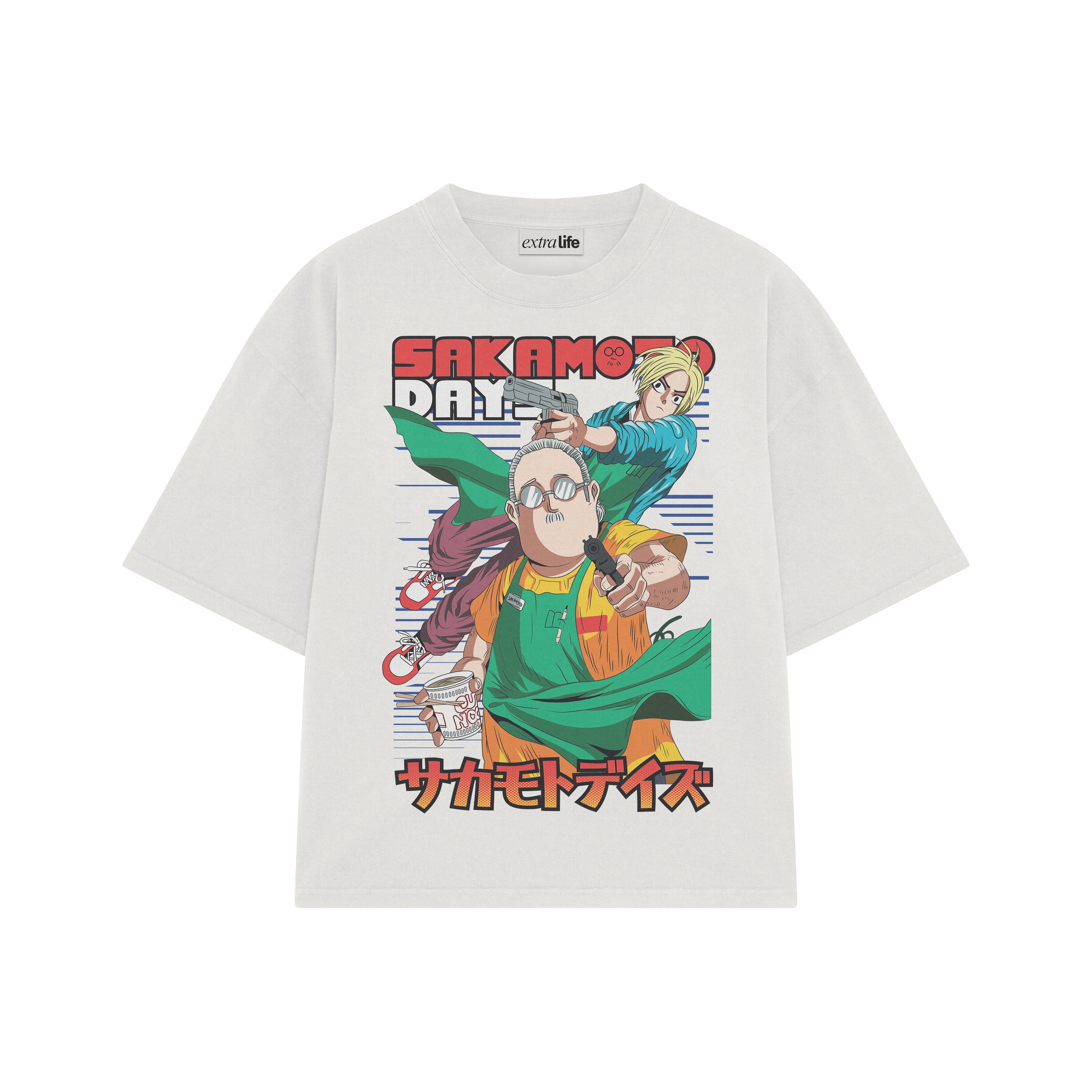 Playera streetwear premium de anime y gaming ExtraLife MX, corte boxy oversized drop shoulder heavyweight en color Deep Black y Off-White, moda urbana mexicana de culto.