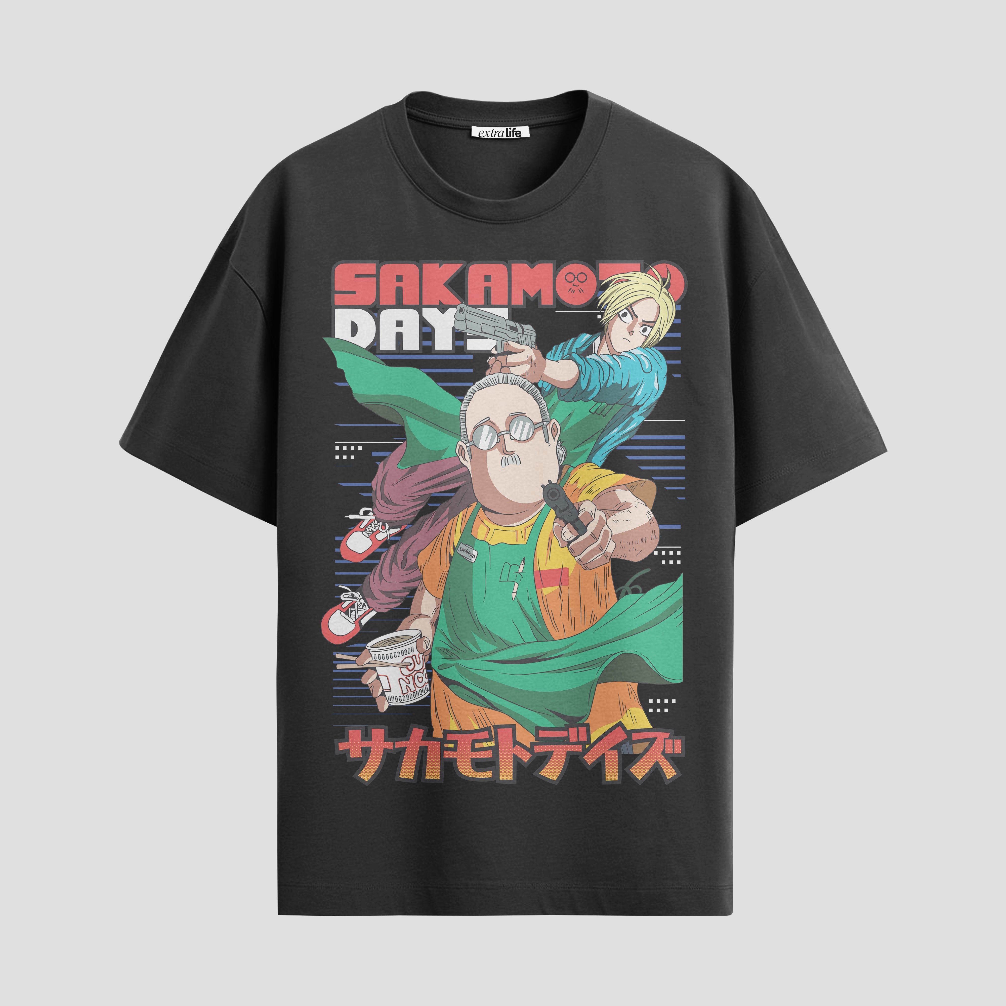 Playera urbana de anime y gaming ExtraLife MX, corte Standard Fit unisex ligero y transpirable en color Deep Black y Pure White, ropa de uso diario para gym y casual.
