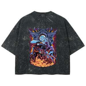 Playera streetwear premium de anime y gaming ExtraLife MX, corte boxy deluxe mineral wash heavyweight en color Acid Wash, moda urbana mexicana de culto.