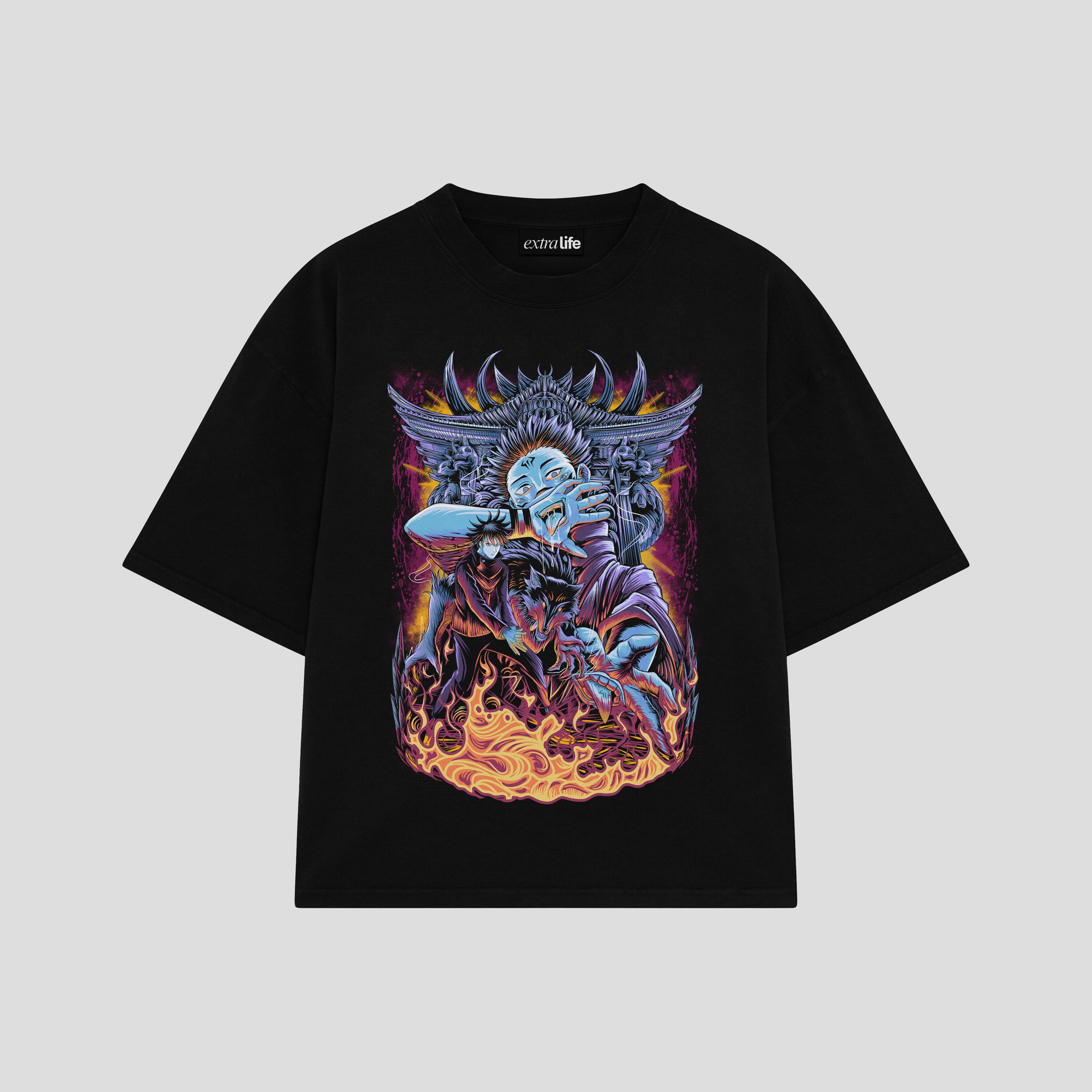 Playera streetwear premium de anime y gaming ExtraLife MX, corte boxy oversized drop shoulder heavyweight en color Deep Black y Off-White, moda urbana mexicana de culto.