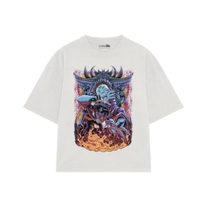 Playera streetwear premium de anime y gaming ExtraLife MX, corte boxy oversized drop shoulder heavyweight en color Deep Black y Off-White, moda urbana mexicana de culto.