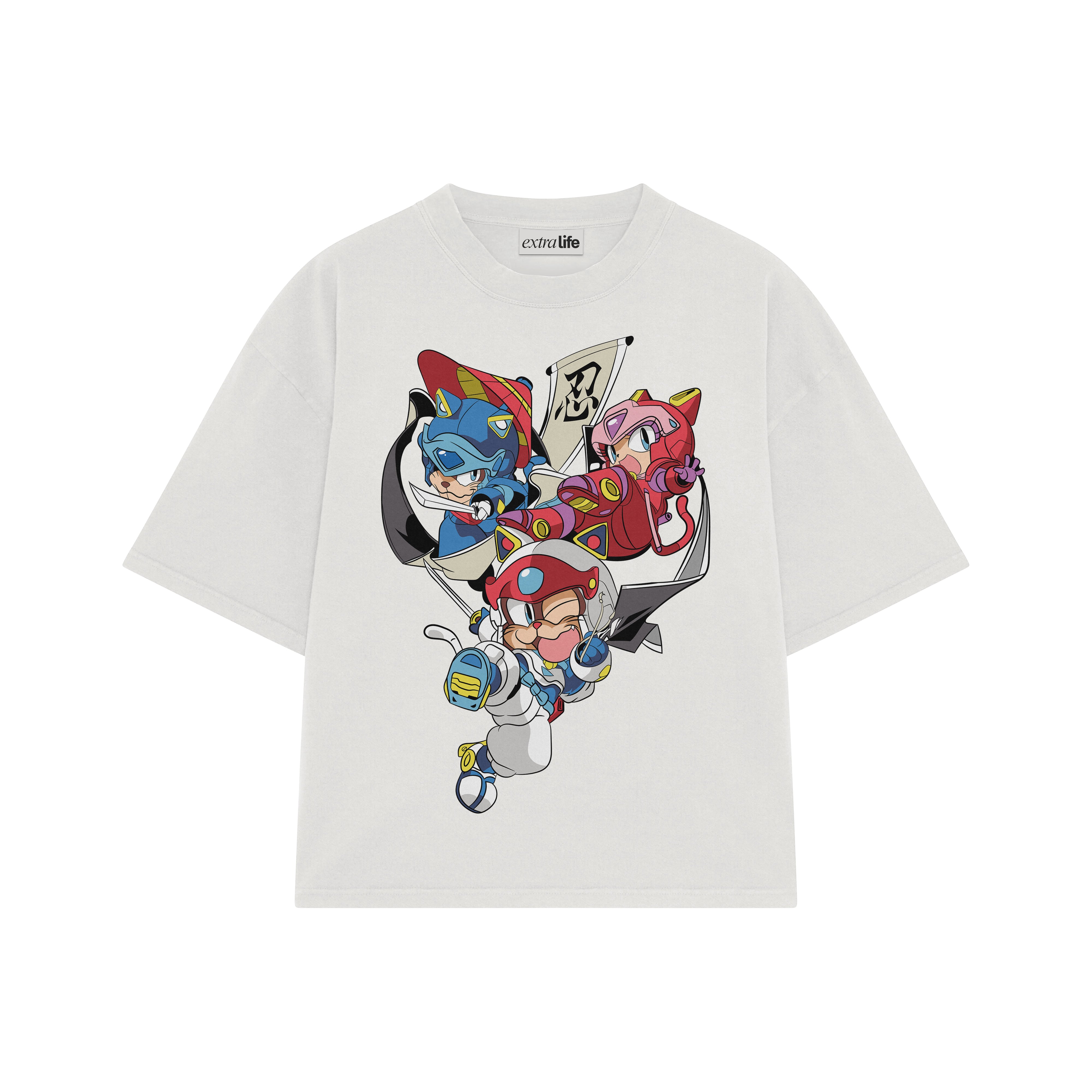 Playera streetwear premium de anime y gaming ExtraLife MX, corte boxy oversized drop shoulder heavyweight en color Deep Black y Off-White, moda urbana mexicana de culto.
