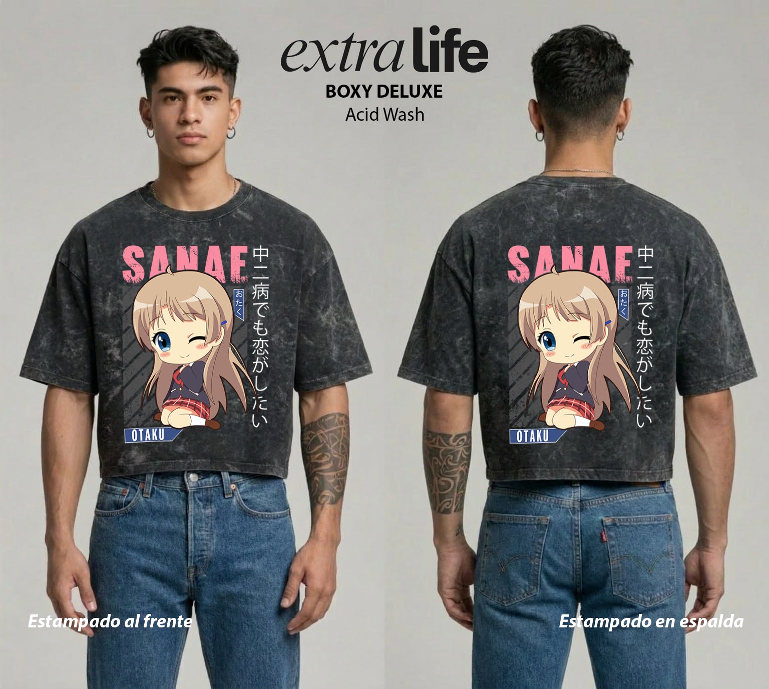 Playera streetwear premium de anime y gaming ExtraLife MX, corte boxy deluxe mineral wash heavyweight en color Acid Wash, moda urbana mexicana de culto.