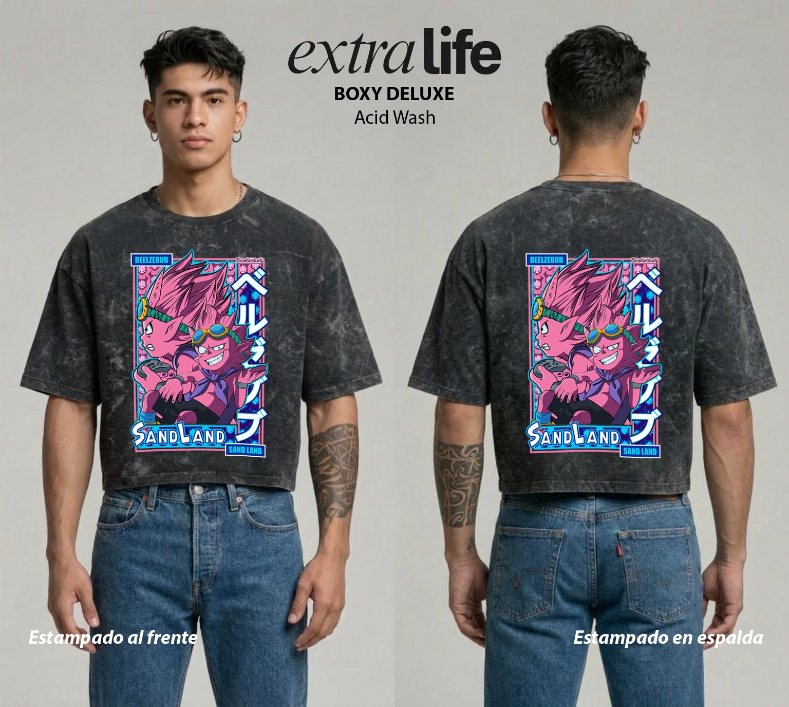 Playera streetwear premium de anime y gaming ExtraLife MX, corte boxy deluxe mineral wash heavyweight en color Acid Wash, moda urbana mexicana de culto.