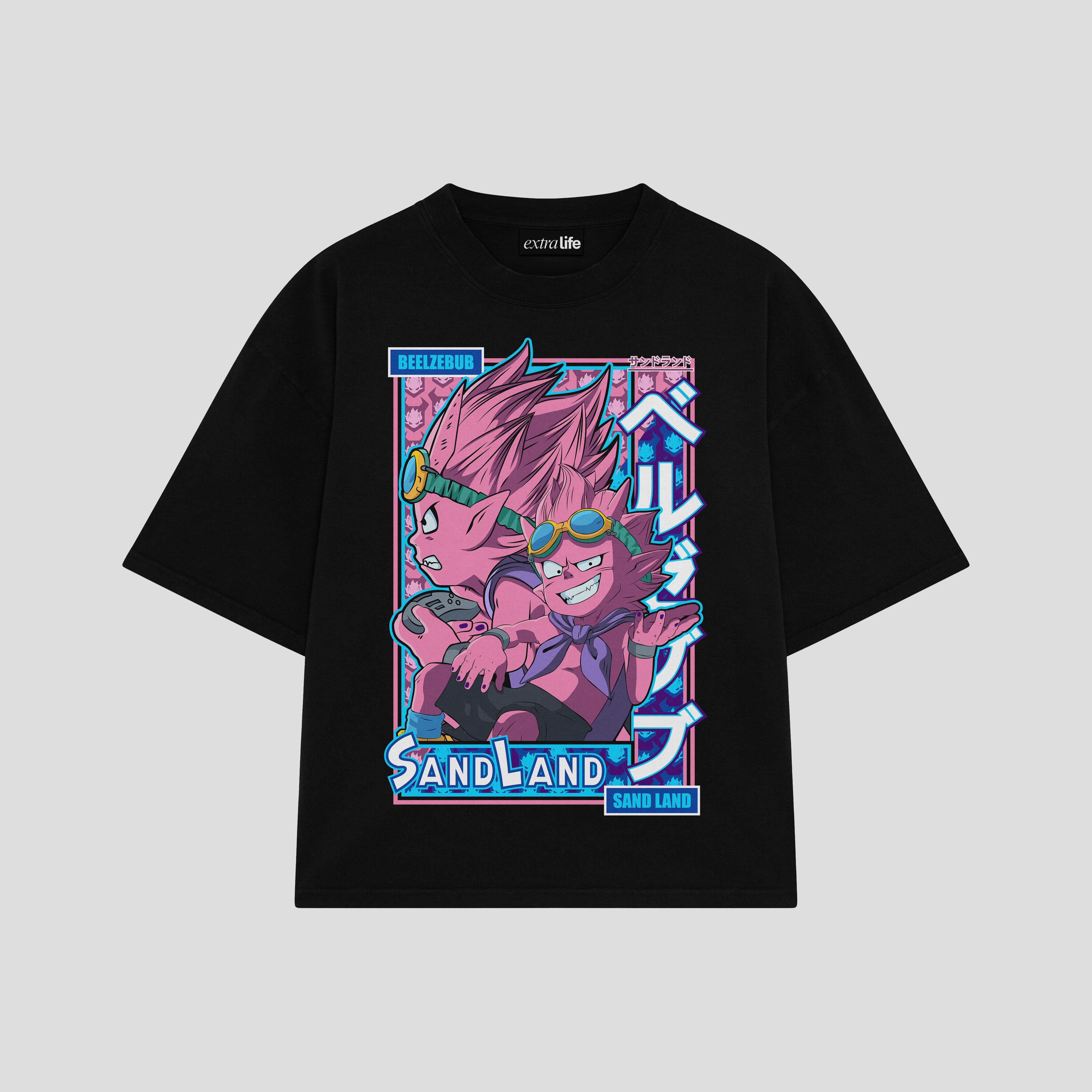 Playera streetwear premium de anime y gaming ExtraLife MX, corte boxy oversized drop shoulder heavyweight en color Deep Black y Off-White, moda urbana mexicana de culto.