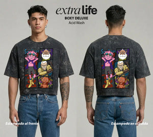 Playera streetwear premium de anime y gaming ExtraLife MX, corte boxy deluxe mineral wash heavyweight en color Acid Wash, moda urbana mexicana de culto.