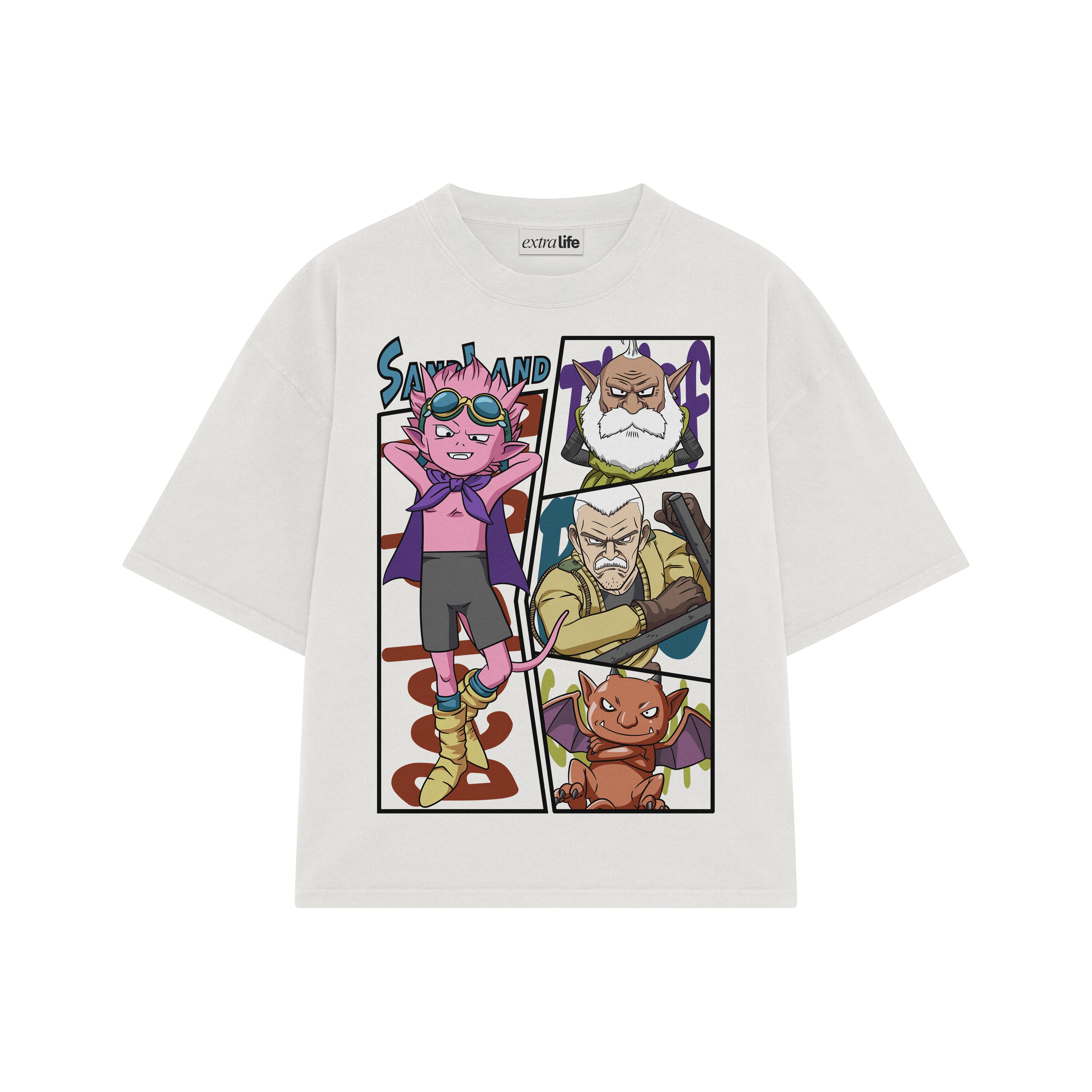Playera streetwear premium de anime y gaming ExtraLife MX, corte boxy oversized drop shoulder heavyweight en color Deep Black y Off-White, moda urbana mexicana de culto.