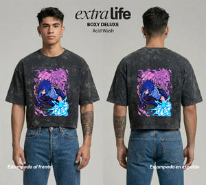 Playera streetwear premium de anime y gaming ExtraLife MX, corte boxy deluxe mineral wash heavyweight en color Acid Wash, moda urbana mexicana de culto.
