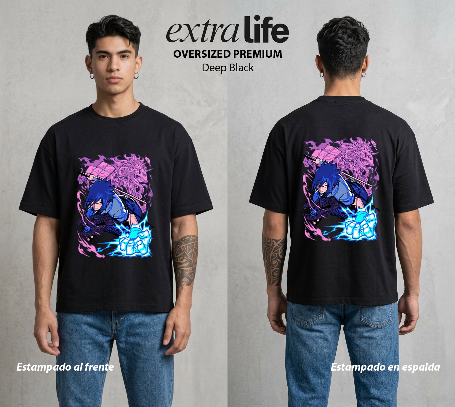 La Aldea Oculta | El Relampago del Clan #03892 - Playera Oversized Premium | Deep Black - Foto en modelo