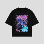 Playera streetwear premium de anime y gaming ExtraLife MX, corte boxy oversized drop shoulder heavyweight en color Deep Black y Off-White, moda urbana mexicana de culto.