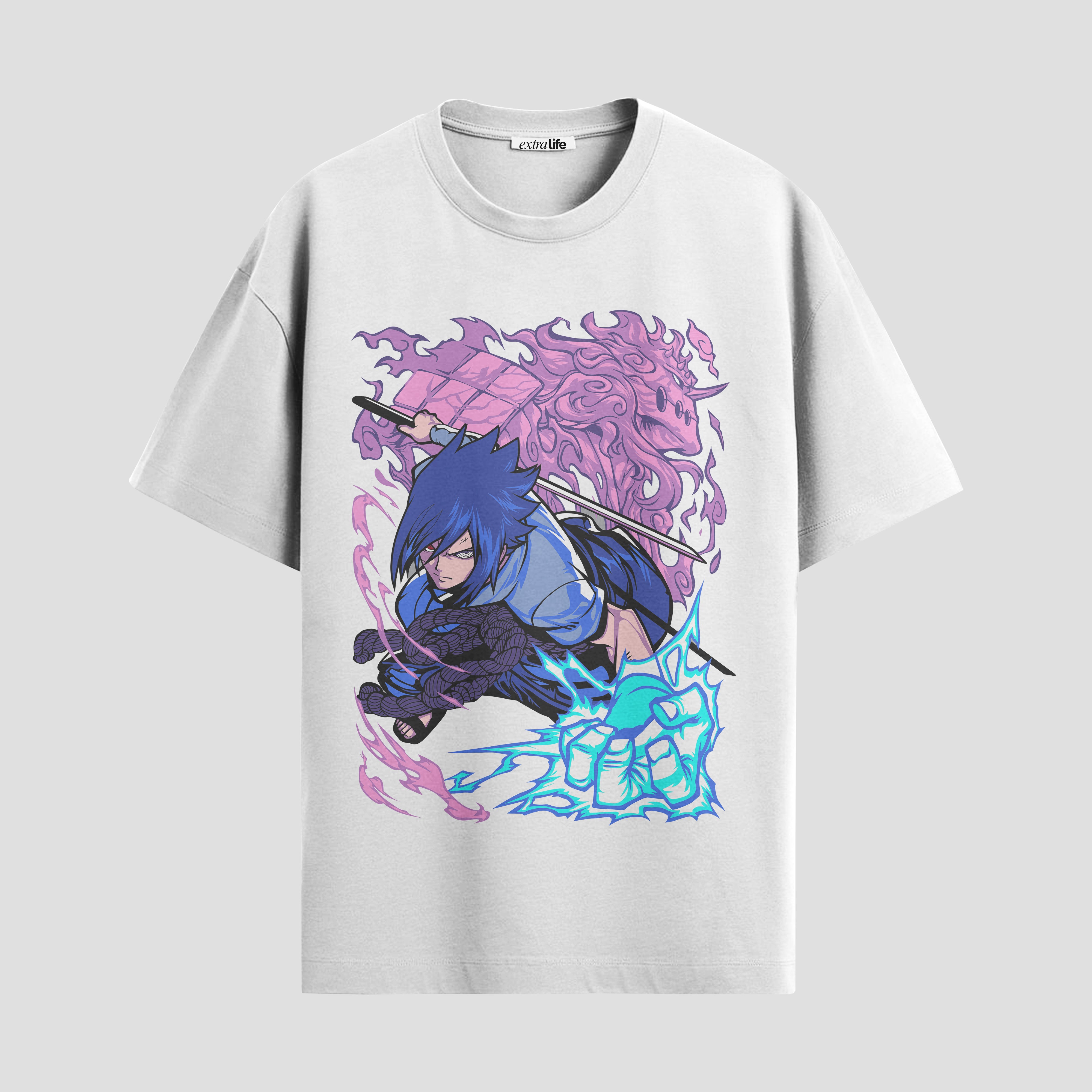 Playera urbana de anime y gaming ExtraLife MX, corte Standard Fit unisex ligero y transpirable en color Deep Black y Pure White, ropa de uso diario para gym y casual.
