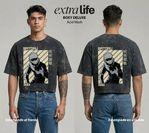 Playera streetwear premium de anime y gaming ExtraLife MX, corte boxy deluxe mineral wash heavyweight en color Acid Wash, moda urbana mexicana de culto.
