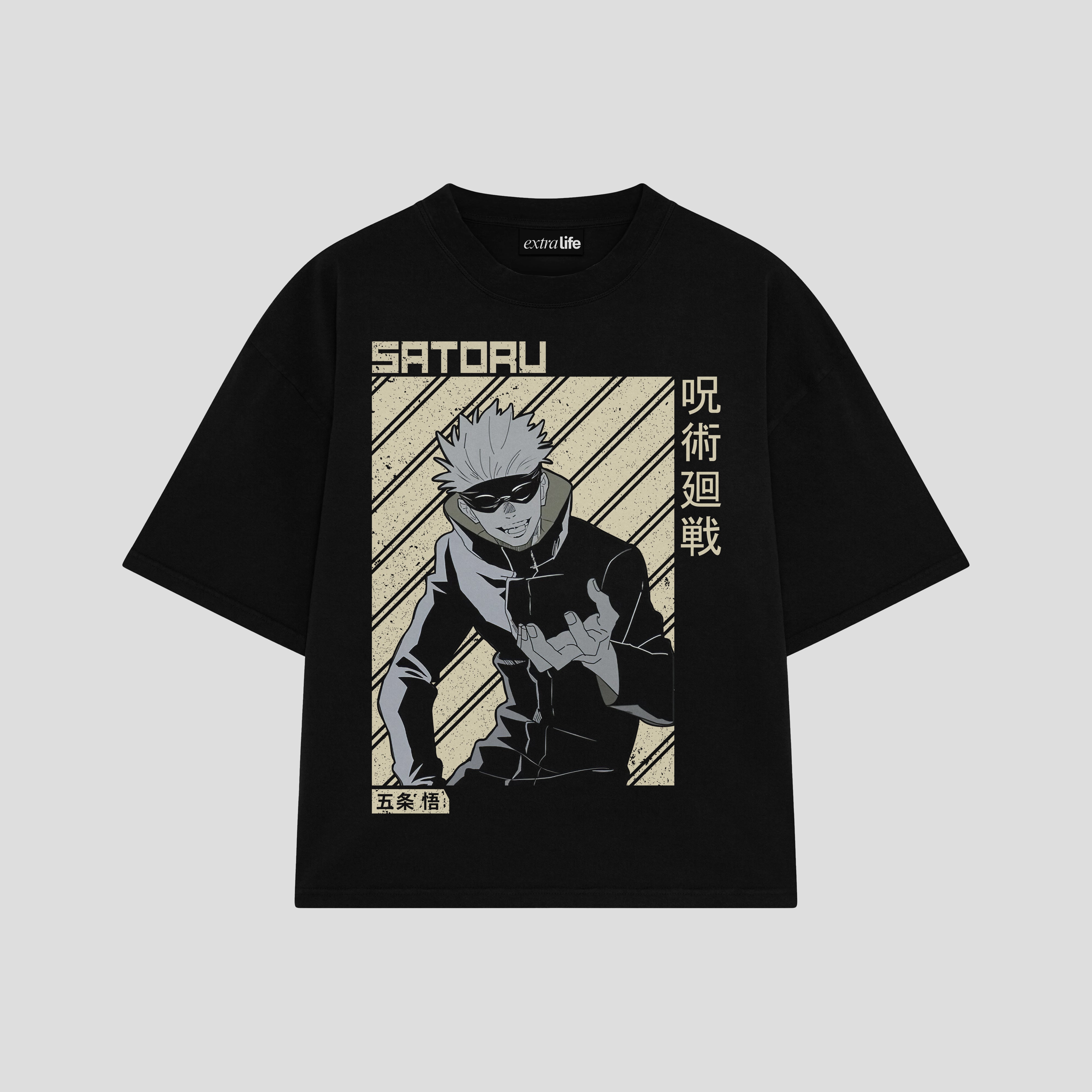 Playera streetwear premium de anime y gaming ExtraLife MX, corte boxy oversized drop shoulder heavyweight en color Deep Black y Off-White, moda urbana mexicana de culto.