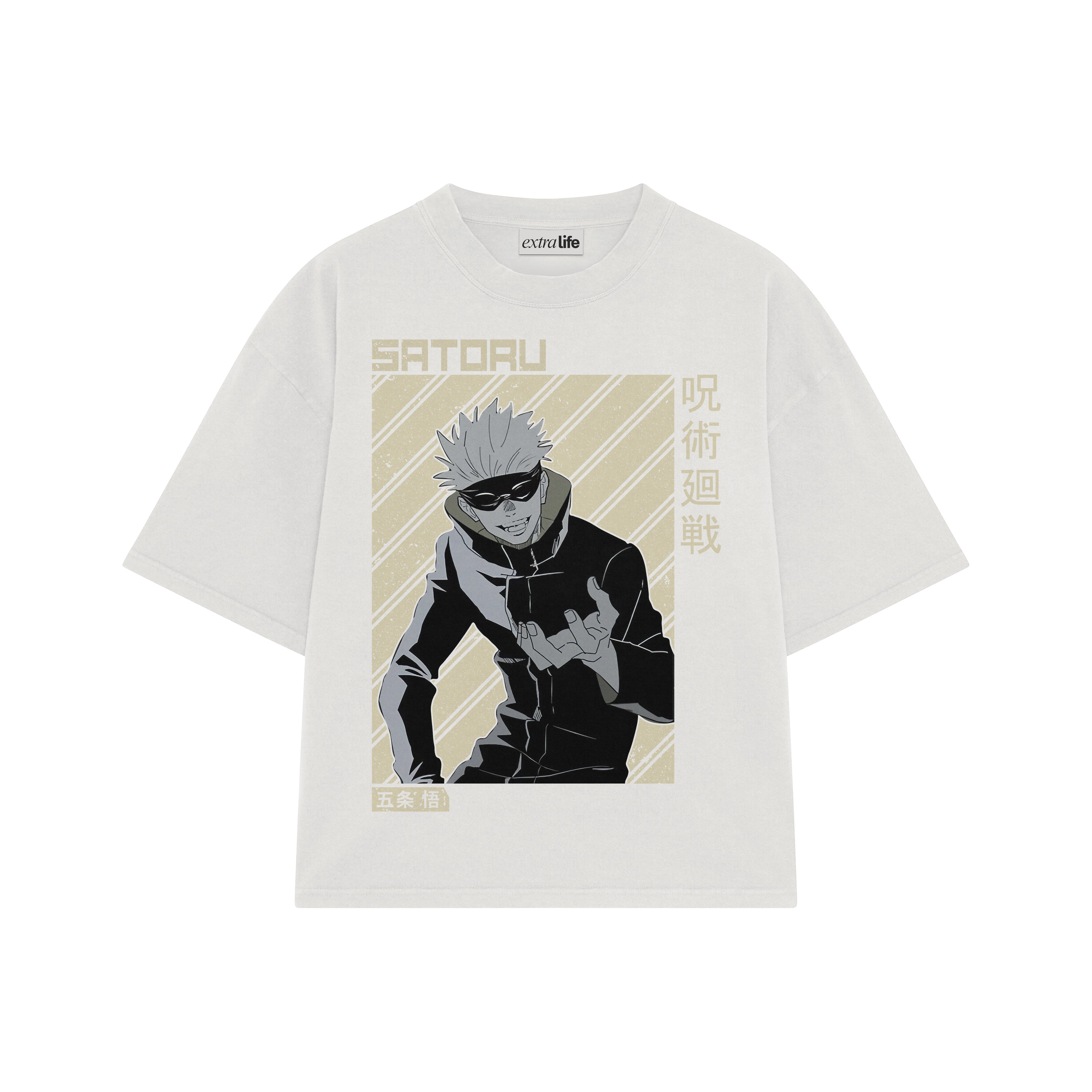 Playera streetwear premium de anime y gaming ExtraLife MX, corte boxy oversized drop shoulder heavyweight en color Deep Black y Off-White, moda urbana mexicana de culto.