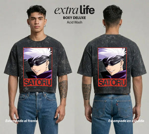Playera streetwear premium de anime y gaming ExtraLife MX, corte boxy deluxe mineral wash heavyweight en color Acid Wash, moda urbana mexicana de culto.
