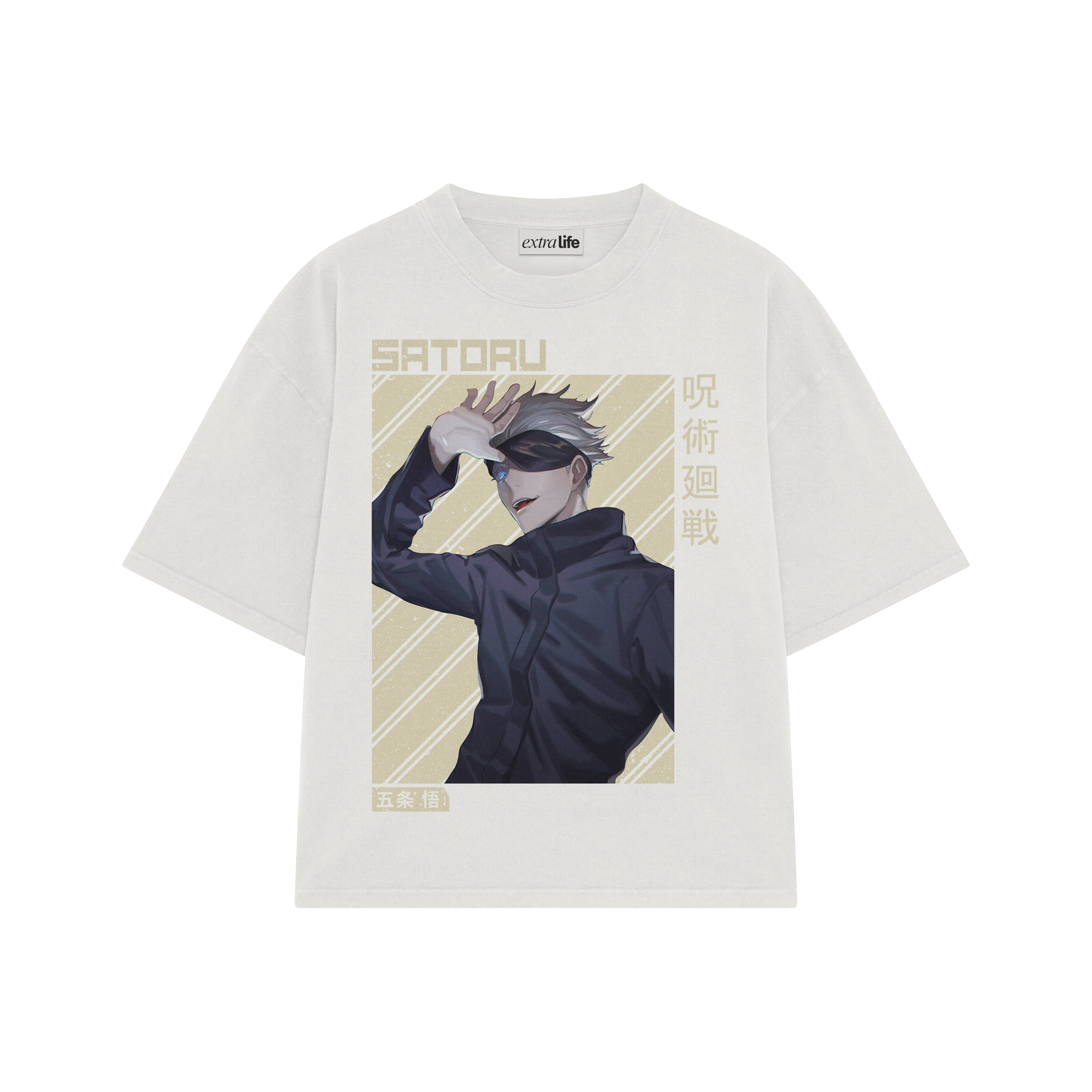 Playera streetwear premium de anime y gaming ExtraLife MX, corte boxy oversized drop shoulder heavyweight en color Deep Black y Off-White, moda urbana mexicana de culto.