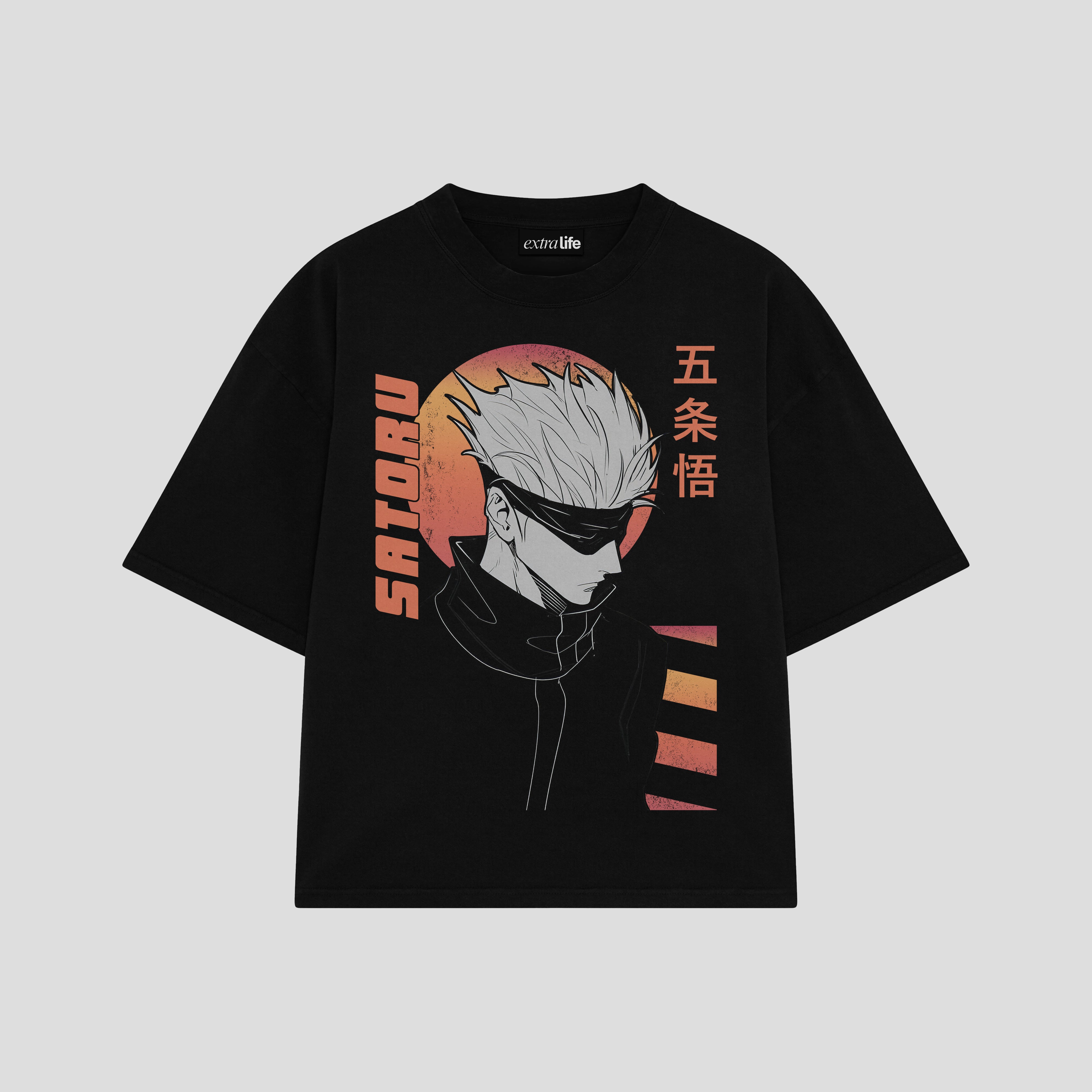 Playera streetwear premium de anime y gaming ExtraLife MX, corte boxy oversized drop shoulder heavyweight en color Deep Black y Off-White, moda urbana mexicana de culto.