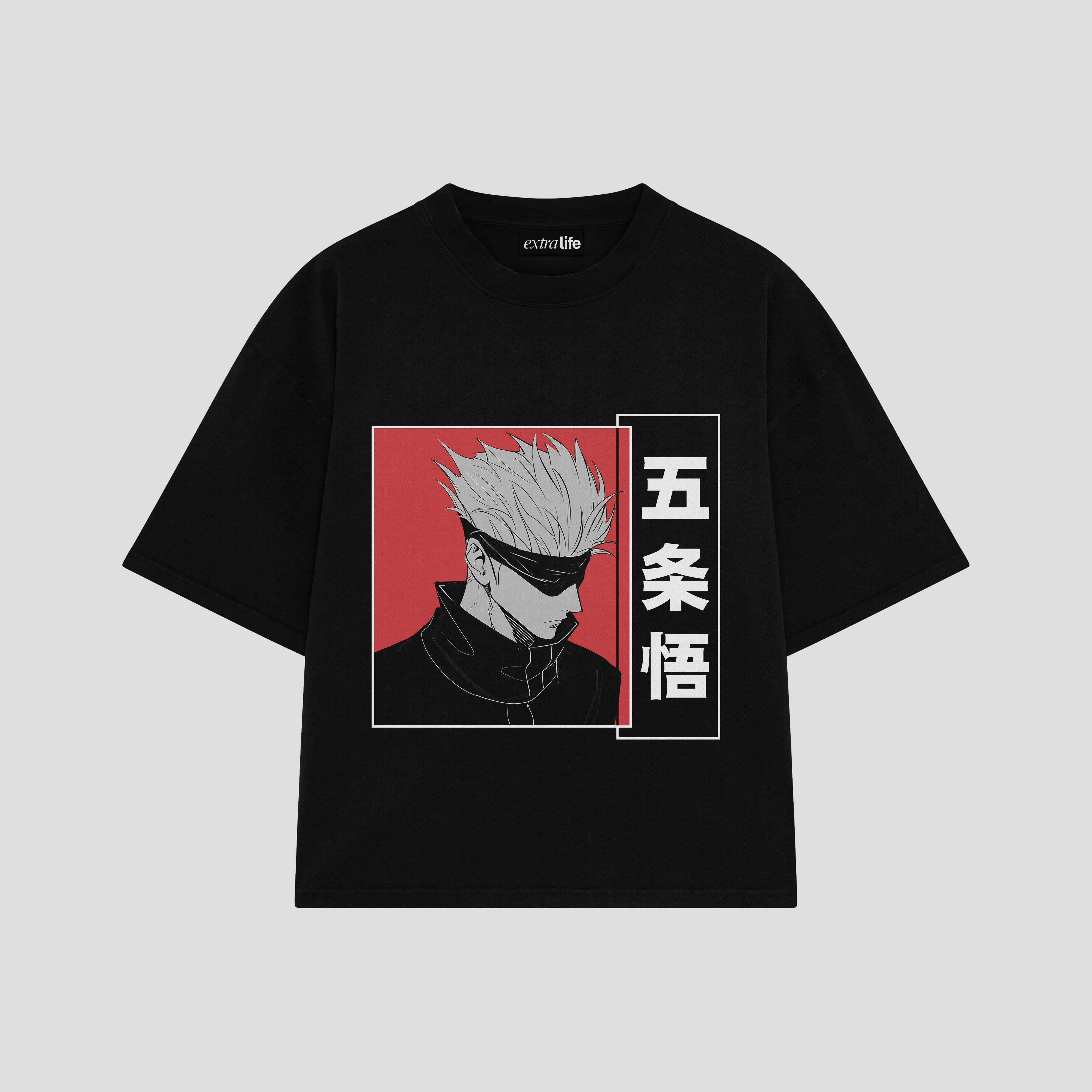 Playera streetwear premium de anime y gaming ExtraLife MX, corte boxy oversized drop shoulder heavyweight en color Deep Black y Off-White, moda urbana mexicana de culto.