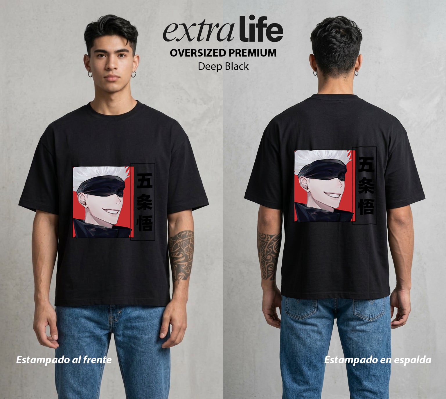 El Arte de las Maldiciones | Los Seis Ojos del Maestro #03904 - Playera Oversized Premium | Deep Black - Foto en modelo