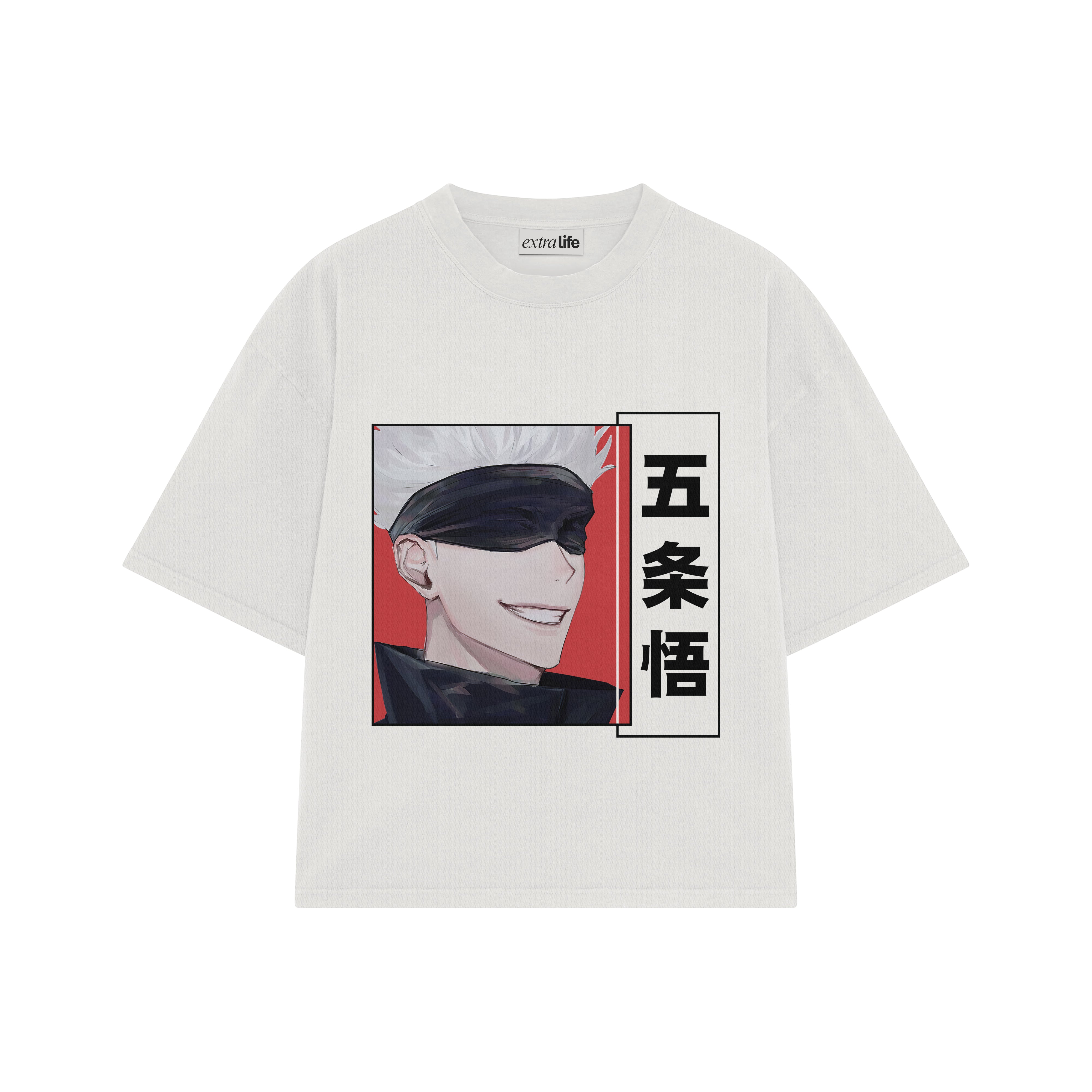 Playera streetwear premium de anime y gaming ExtraLife MX, corte boxy oversized drop shoulder heavyweight en color Deep Black y Off-White, moda urbana mexicana de culto.