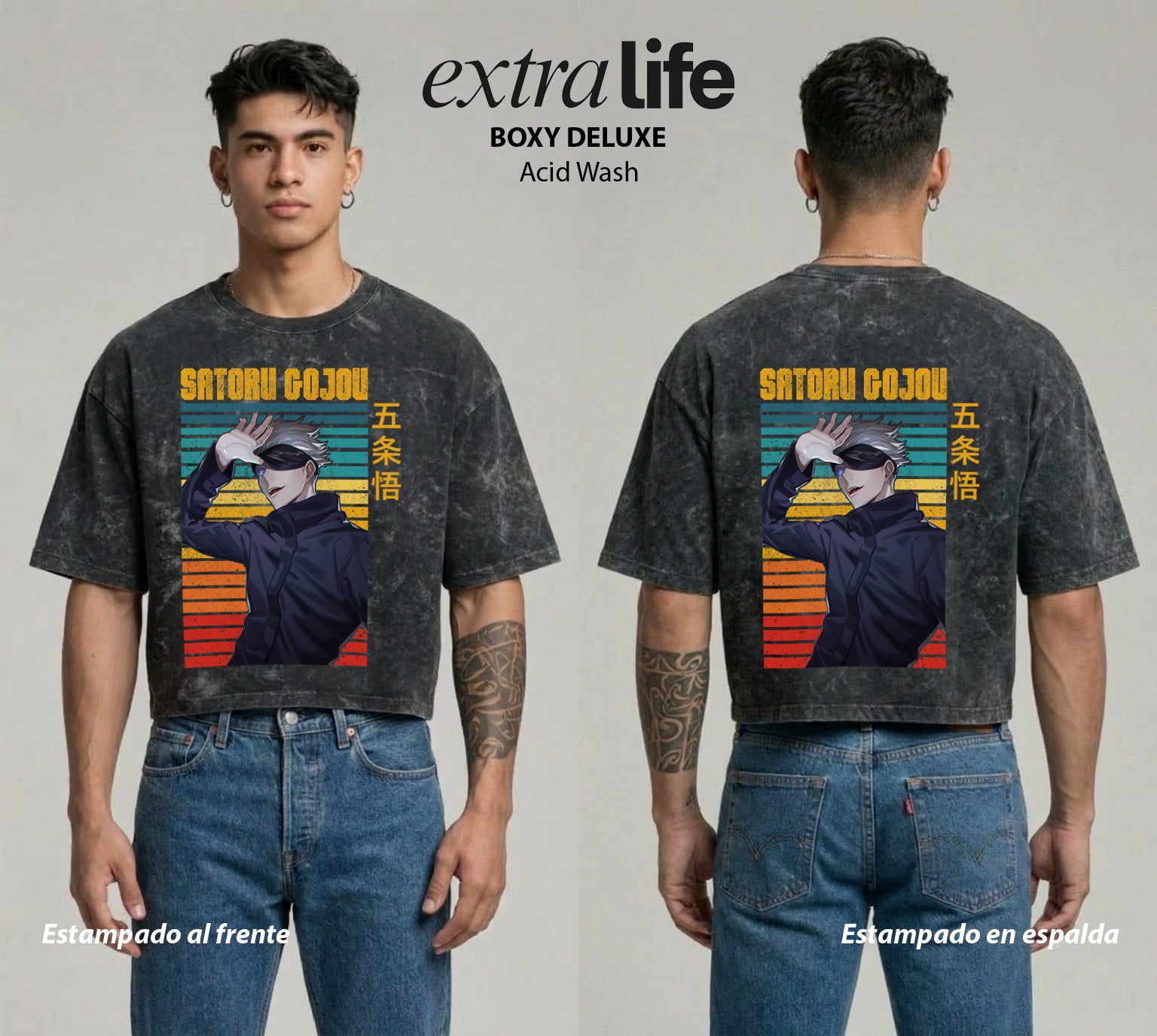 Playera streetwear premium de anime y gaming ExtraLife MX, corte boxy deluxe mineral wash heavyweight en color Acid Wash, moda urbana mexicana de culto.
