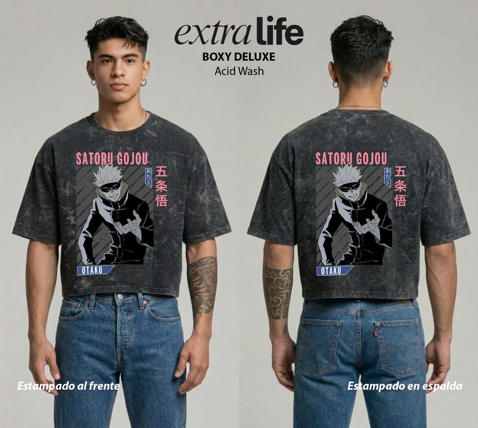 Playera streetwear premium de anime y gaming ExtraLife MX, corte boxy deluxe mineral wash heavyweight en color Acid Wash, moda urbana mexicana de culto.