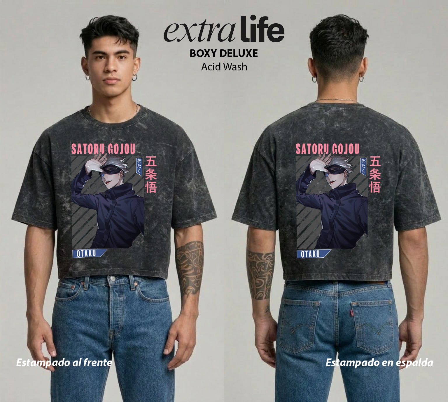 Playera streetwear premium de anime y gaming ExtraLife MX, corte boxy deluxe mineral wash heavyweight en color Acid Wash, moda urbana mexicana de culto.