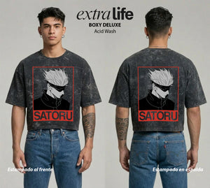 Playera streetwear premium de anime y gaming ExtraLife MX, corte boxy deluxe mineral wash heavyweight en color Acid Wash, moda urbana mexicana de culto.