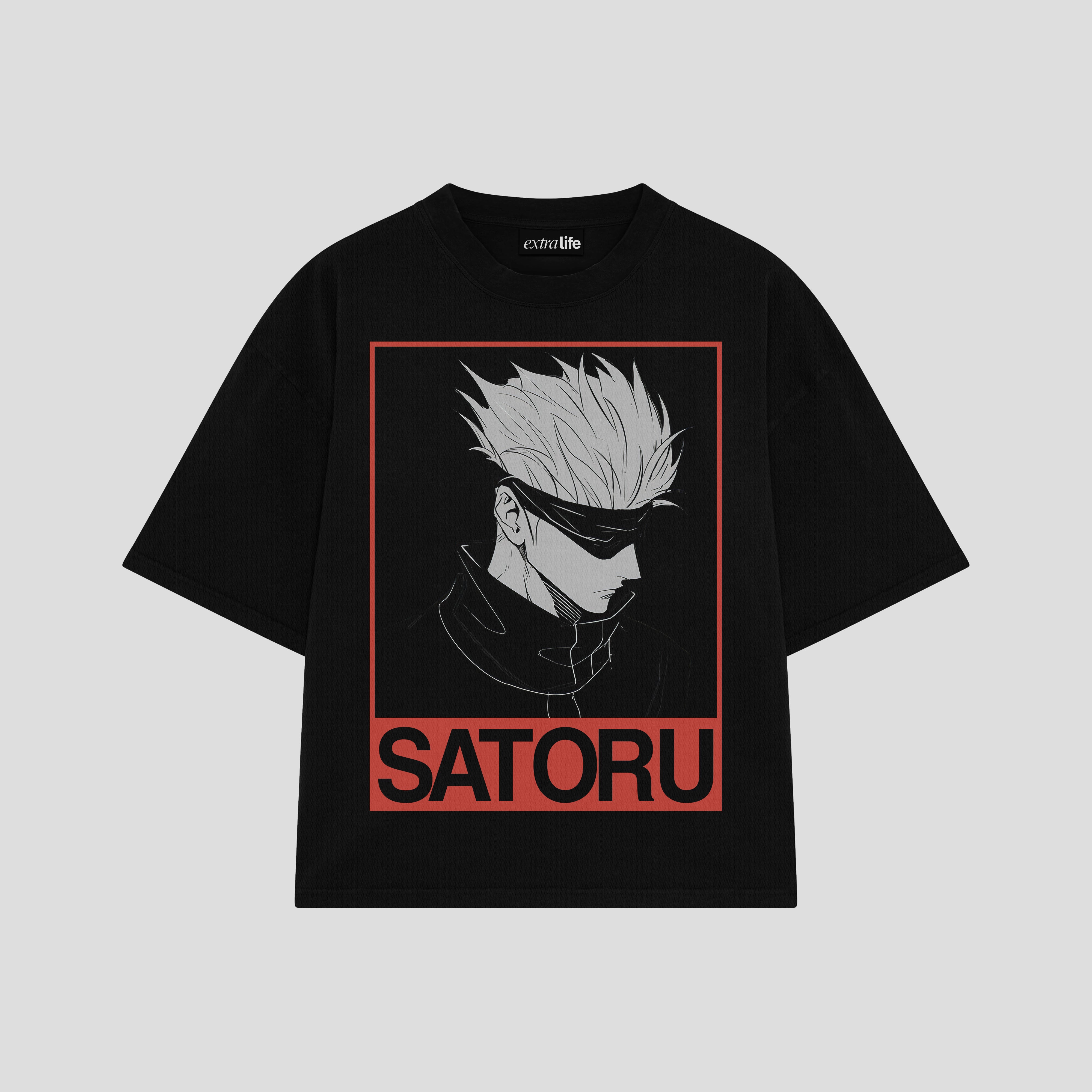 Playera streetwear premium de anime y gaming ExtraLife MX, corte boxy oversized drop shoulder heavyweight en color Deep Black y Off-White, moda urbana mexicana de culto.