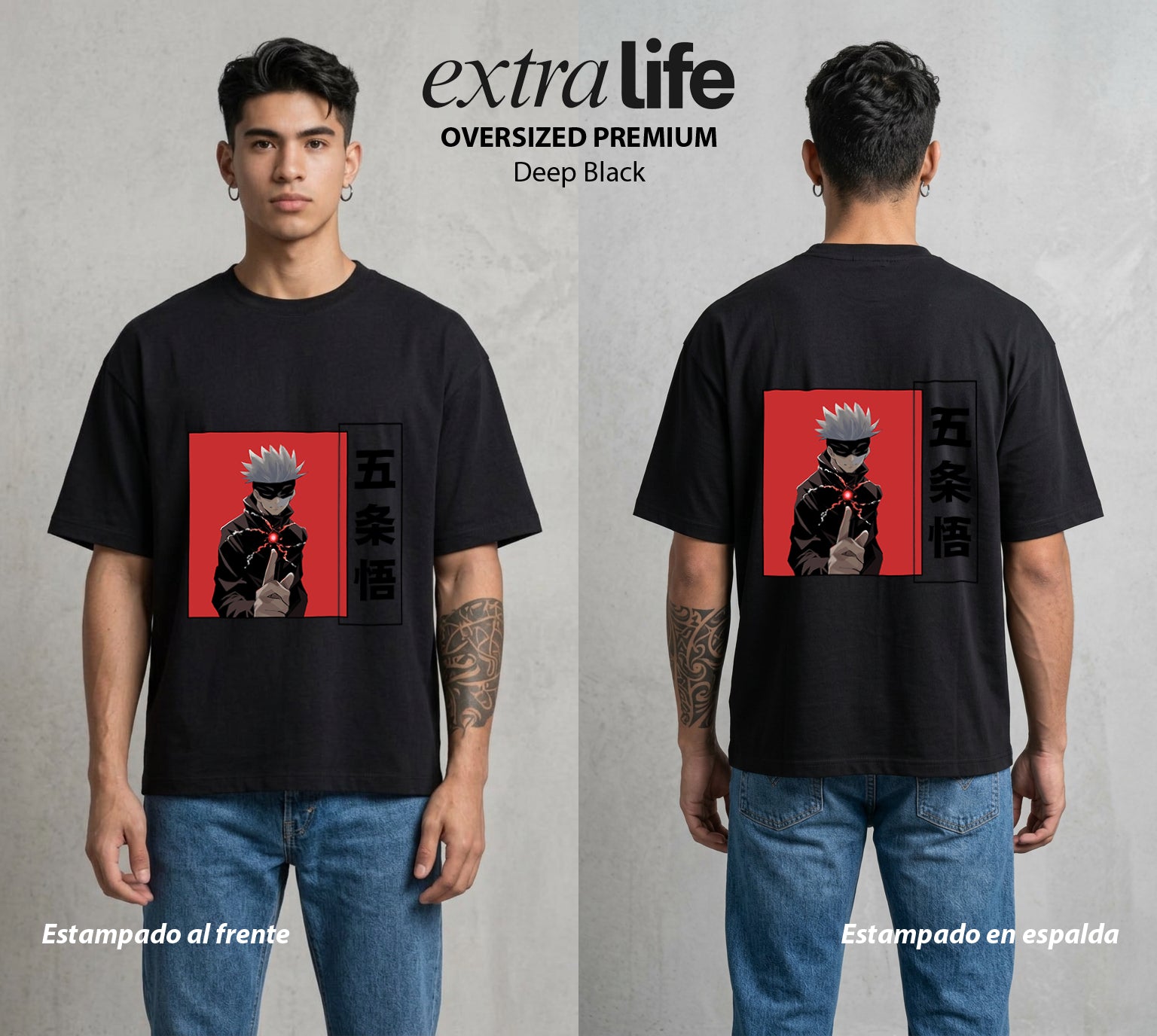 El Arte de las Maldiciones | Los Seis Ojos del Maestro #03912 - Playera Oversized Premium | Deep Black - Foto en modelo