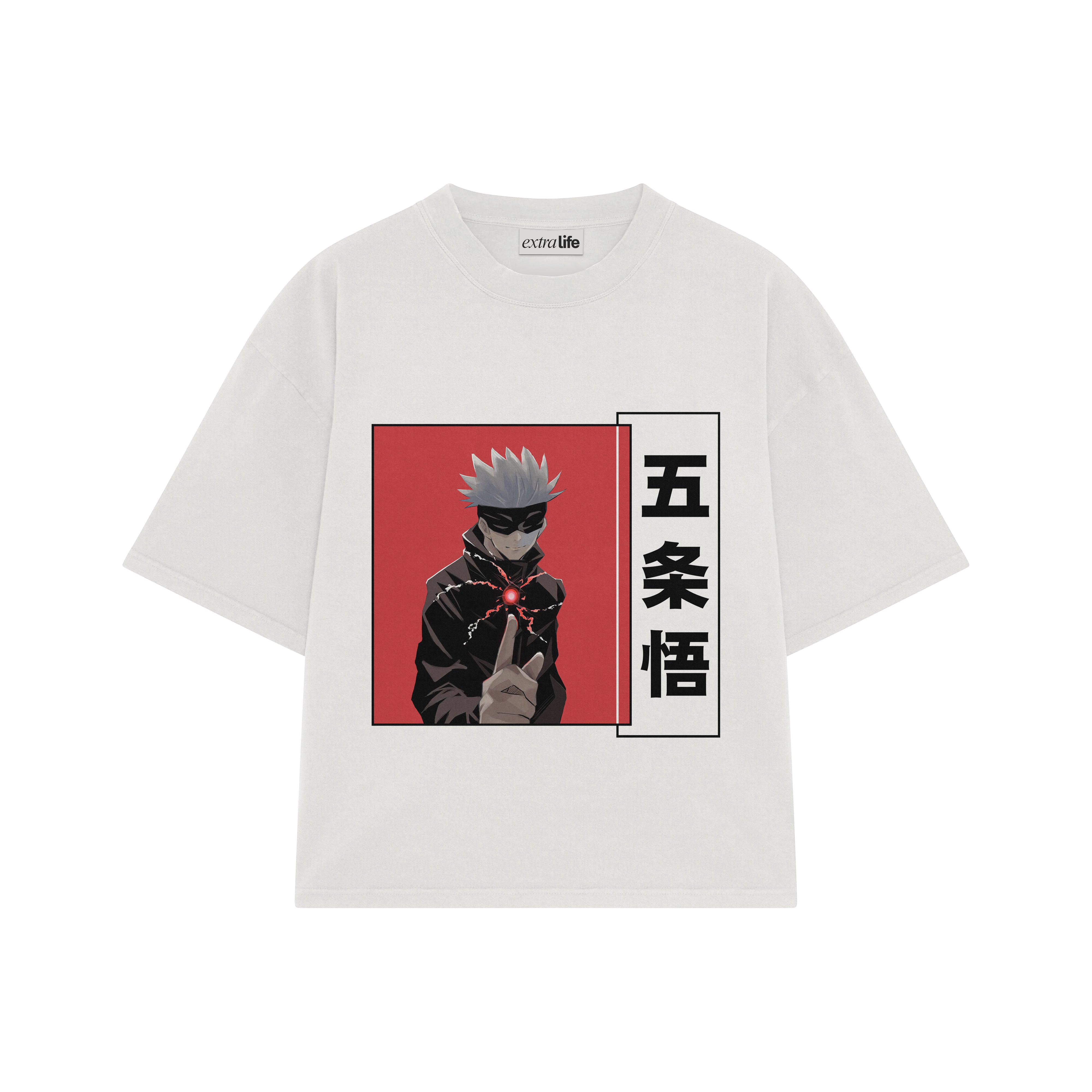 Playera streetwear premium de anime y gaming ExtraLife MX, corte boxy oversized drop shoulder heavyweight en color Deep Black y Off-White, moda urbana mexicana de culto.