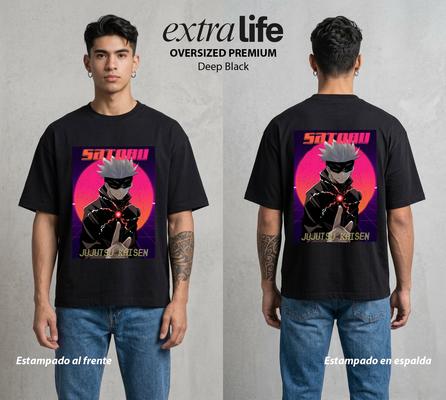 El Arte de las Maldiciones | Los Seis Ojos del Maestro #03916 - Playera Oversized Premium | Deep Black - Foto en modelo