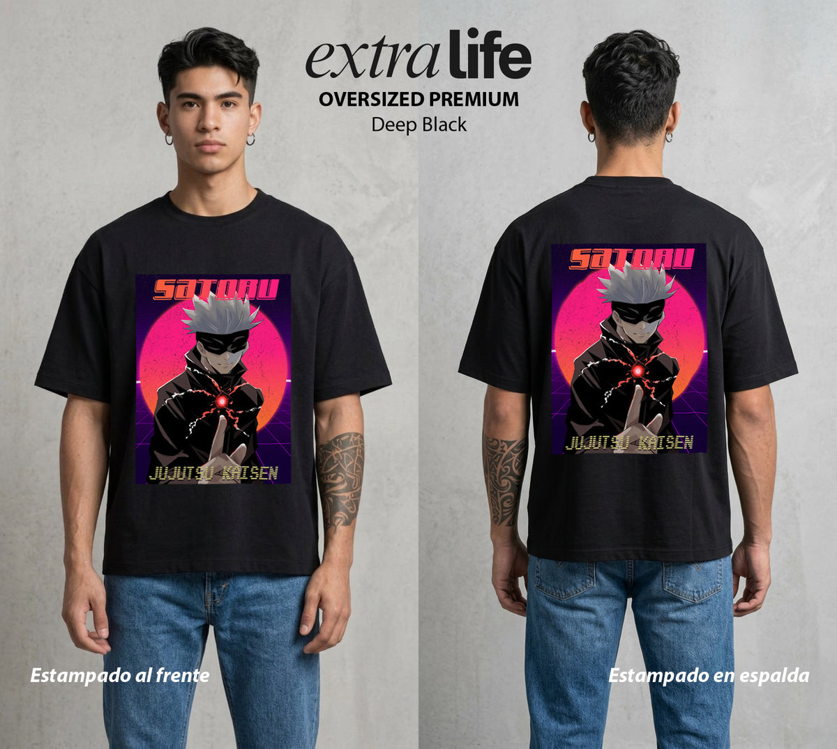 El Arte de las Maldiciones | Los Seis Ojos del Maestro #03916 - Playera Oversized Premium | Deep Black - Foto en modelo