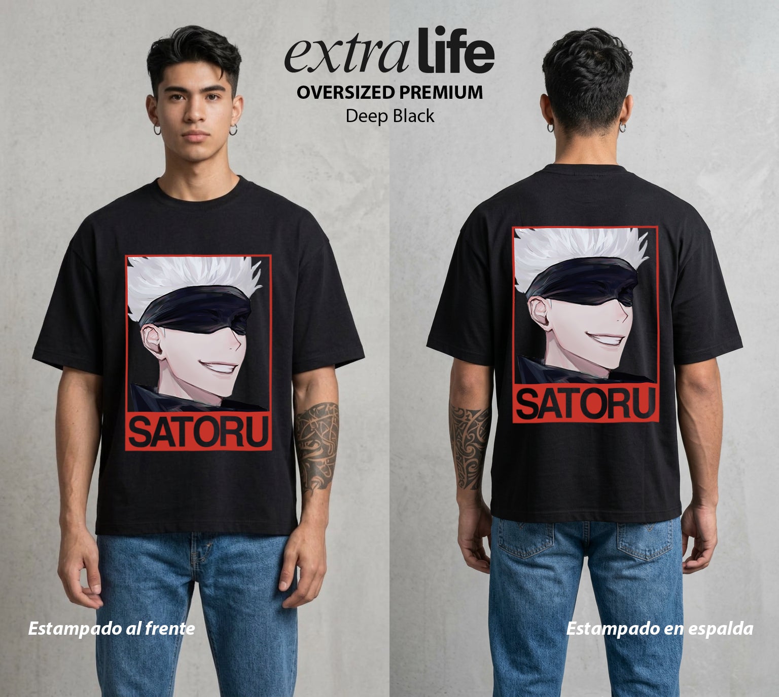 El Arte de las Maldiciones | Los Seis Ojos del Maestro #03918 - Playera Oversized Premium | Deep Black - Foto en modelo