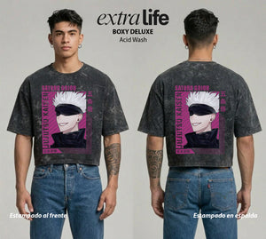 Playera streetwear premium de anime y gaming ExtraLife MX, corte boxy deluxe mineral wash heavyweight en color Acid Wash, moda urbana mexicana de culto.