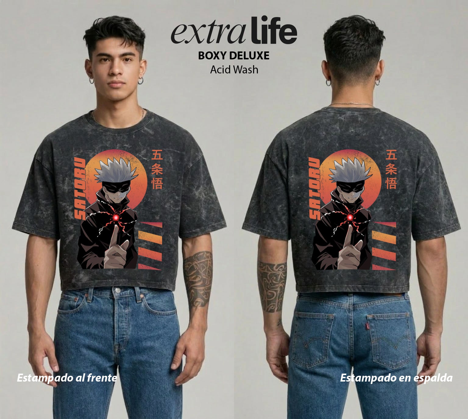 Playera streetwear premium de anime y gaming ExtraLife MX, corte boxy deluxe mineral wash heavyweight en color Acid Wash, moda urbana mexicana de culto.