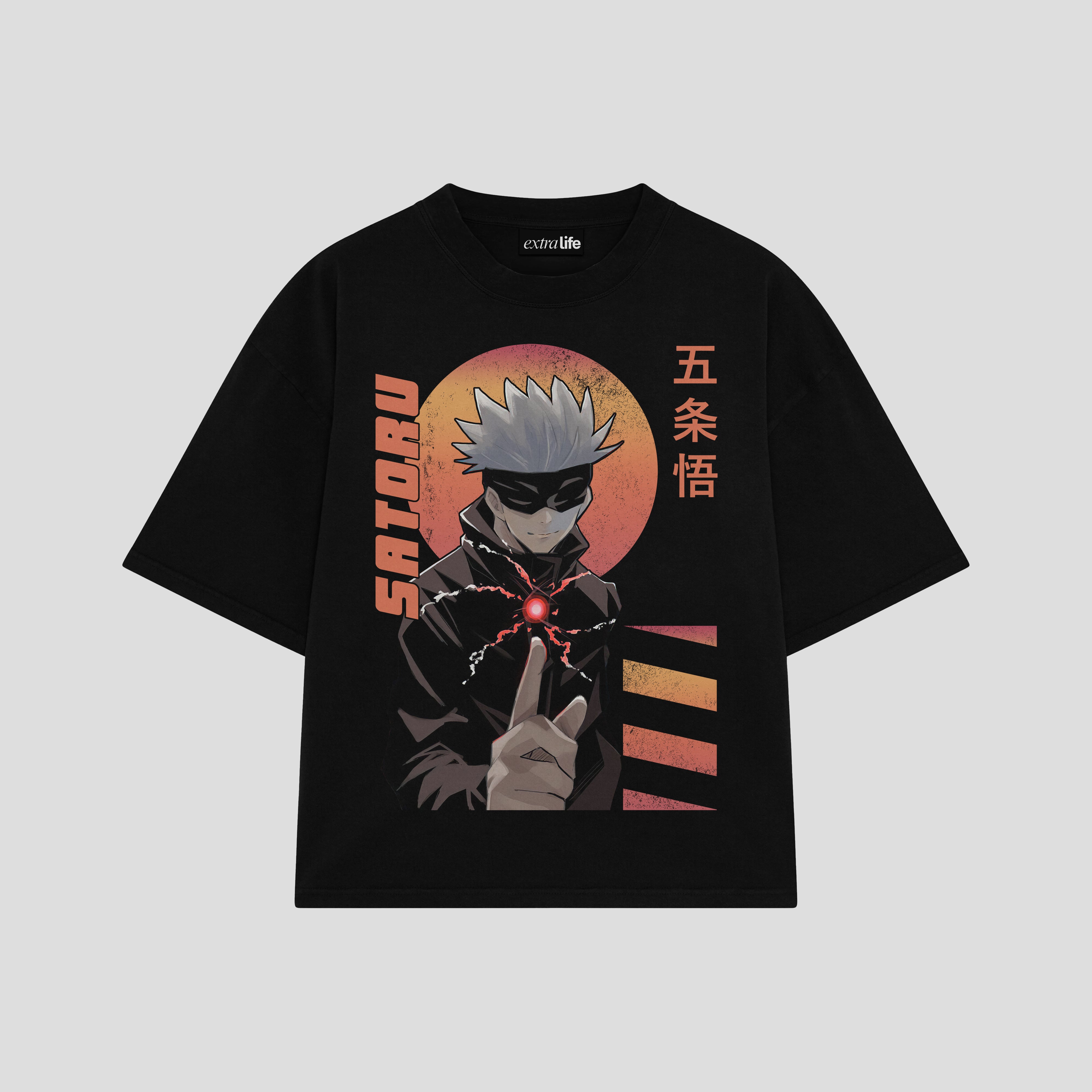 Playera streetwear premium de anime y gaming ExtraLife MX, corte boxy oversized drop shoulder heavyweight en color Deep Black y Off-White, moda urbana mexicana de culto.