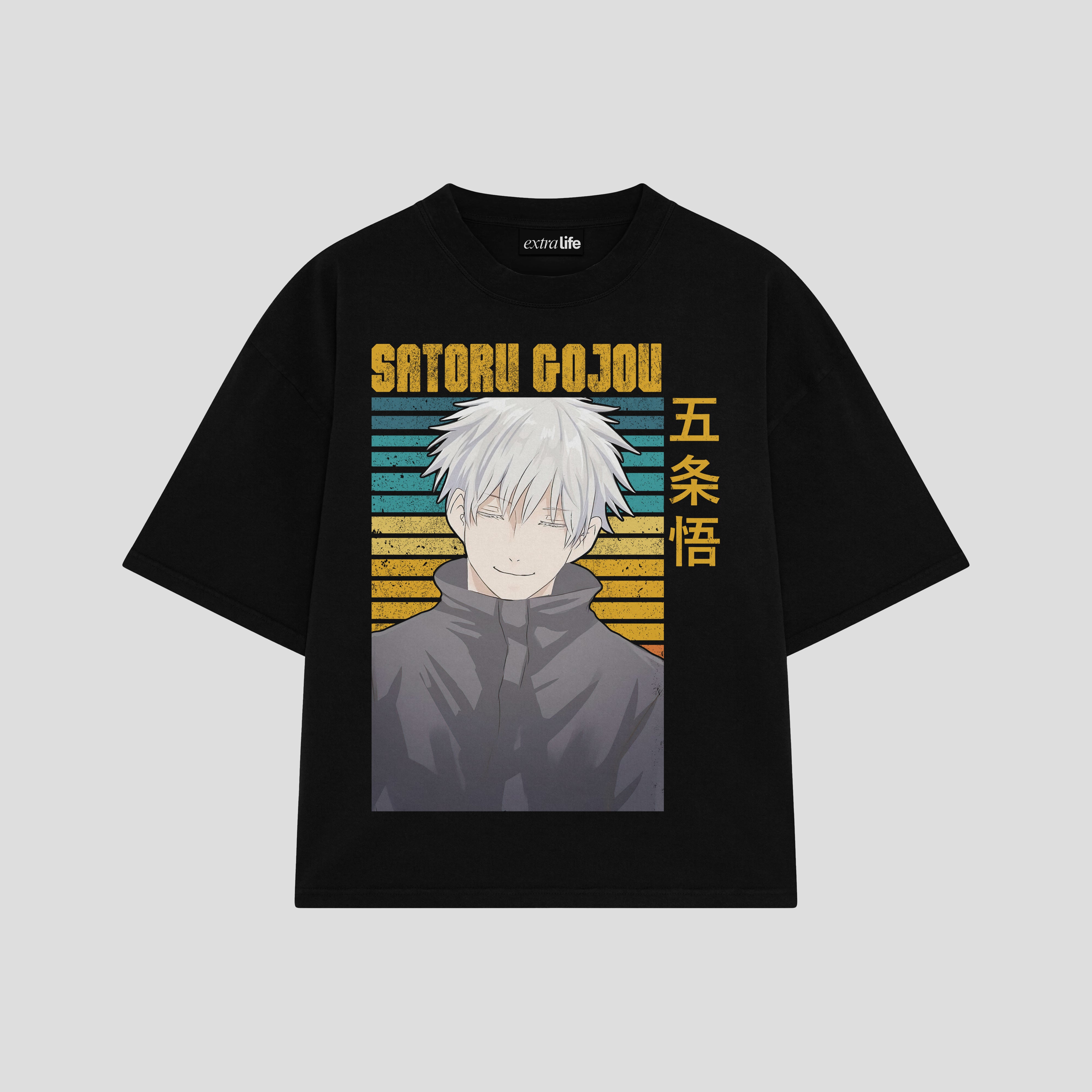 Playera streetwear premium de anime y gaming ExtraLife MX, corte boxy oversized drop shoulder heavyweight en color Deep Black y Off-White, moda urbana mexicana de culto.