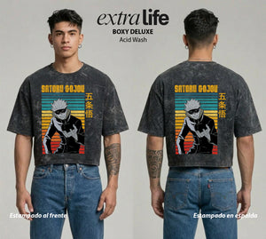 Playera streetwear premium de anime y gaming ExtraLife MX, corte boxy deluxe mineral wash heavyweight en color Acid Wash, moda urbana mexicana de culto.