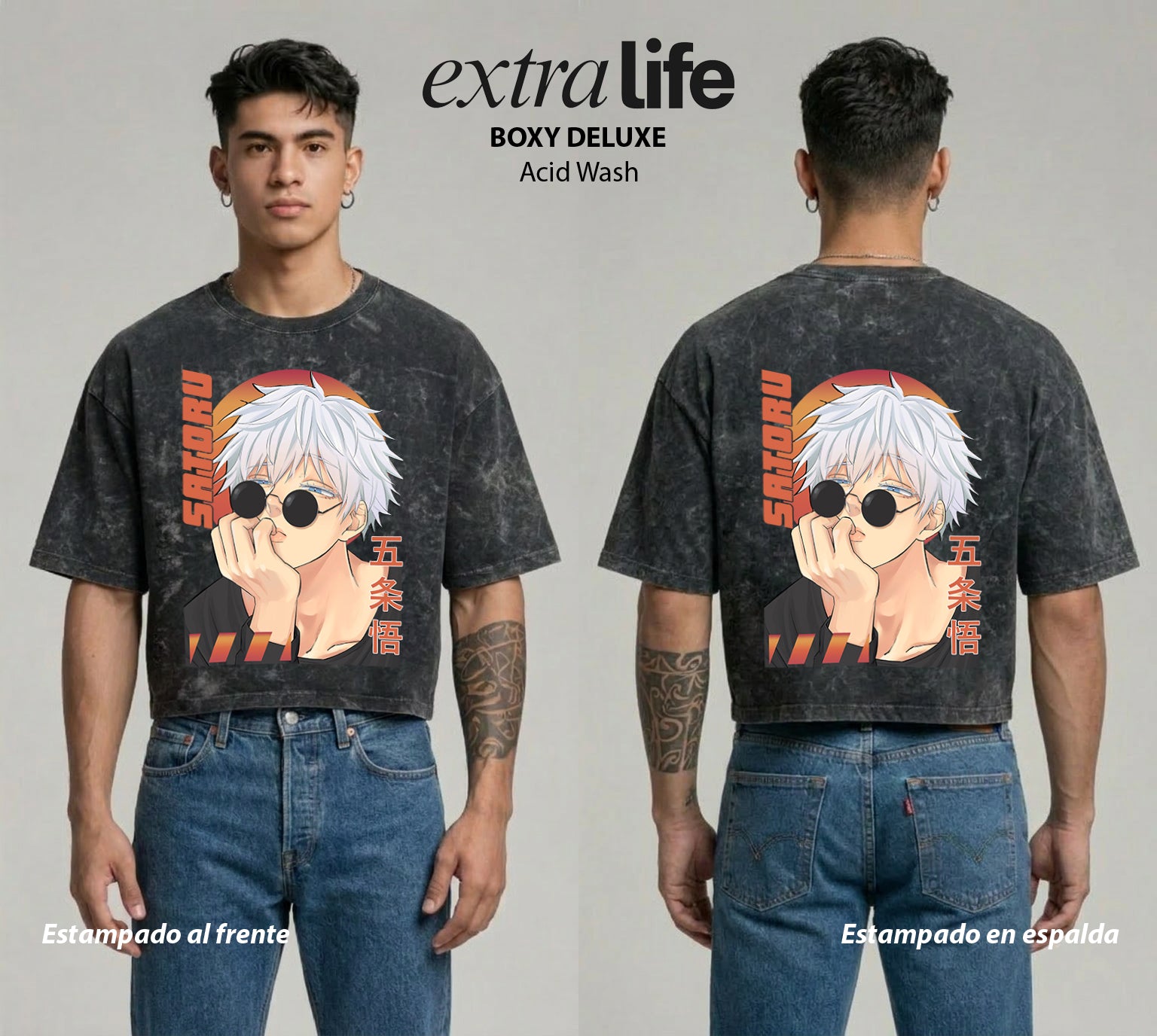 Playera streetwear premium de anime y gaming ExtraLife MX, corte boxy deluxe mineral wash heavyweight en color Acid Wash, moda urbana mexicana de culto.