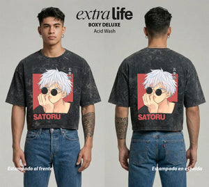 Playera streetwear premium de anime y gaming ExtraLife MX, corte boxy deluxe mineral wash heavyweight en color Acid Wash, moda urbana mexicana de culto.