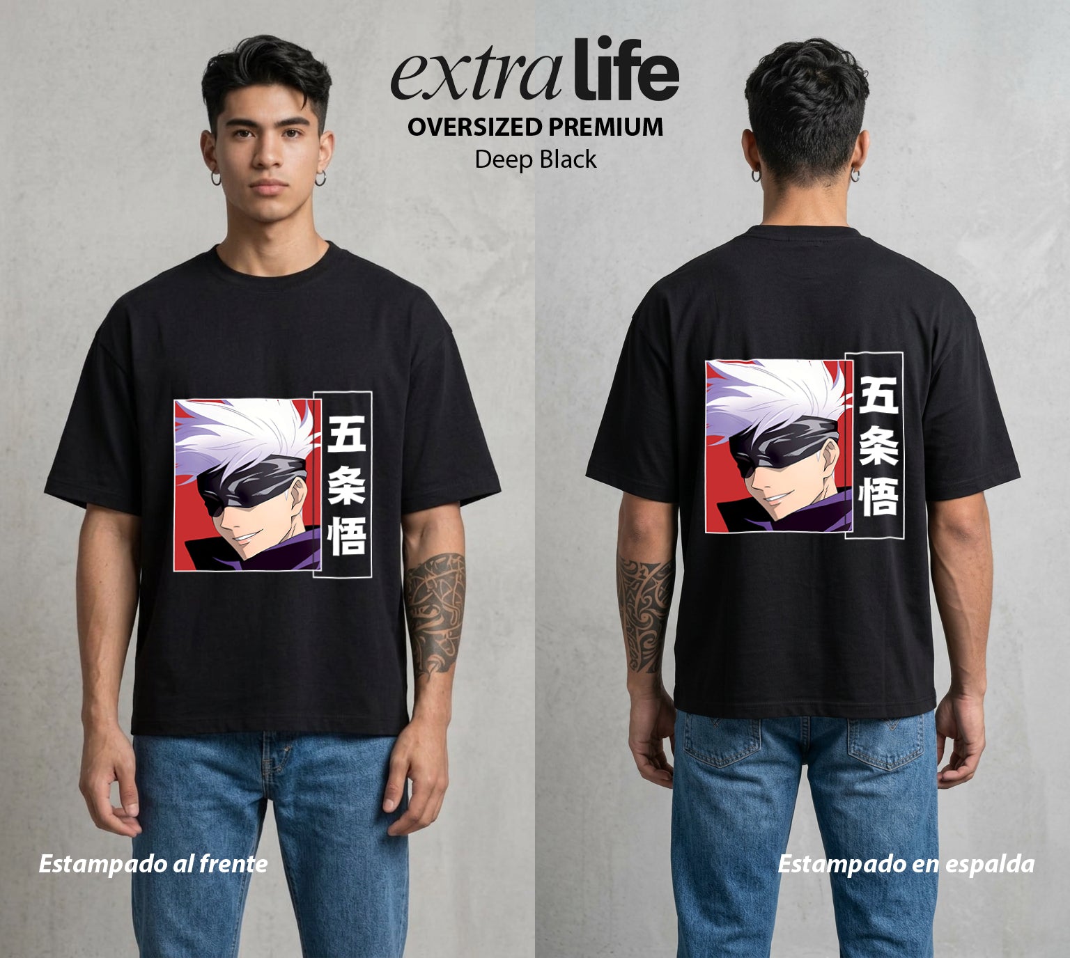 El Arte de las Maldiciones | Los Seis Ojos del Maestro #03936 - Playera Oversized Premium | Deep Black - Foto en modelo