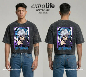 Playera streetwear premium de anime y gaming ExtraLife MX, corte boxy deluxe mineral wash heavyweight en color Acid Wash, moda urbana mexicana de culto.