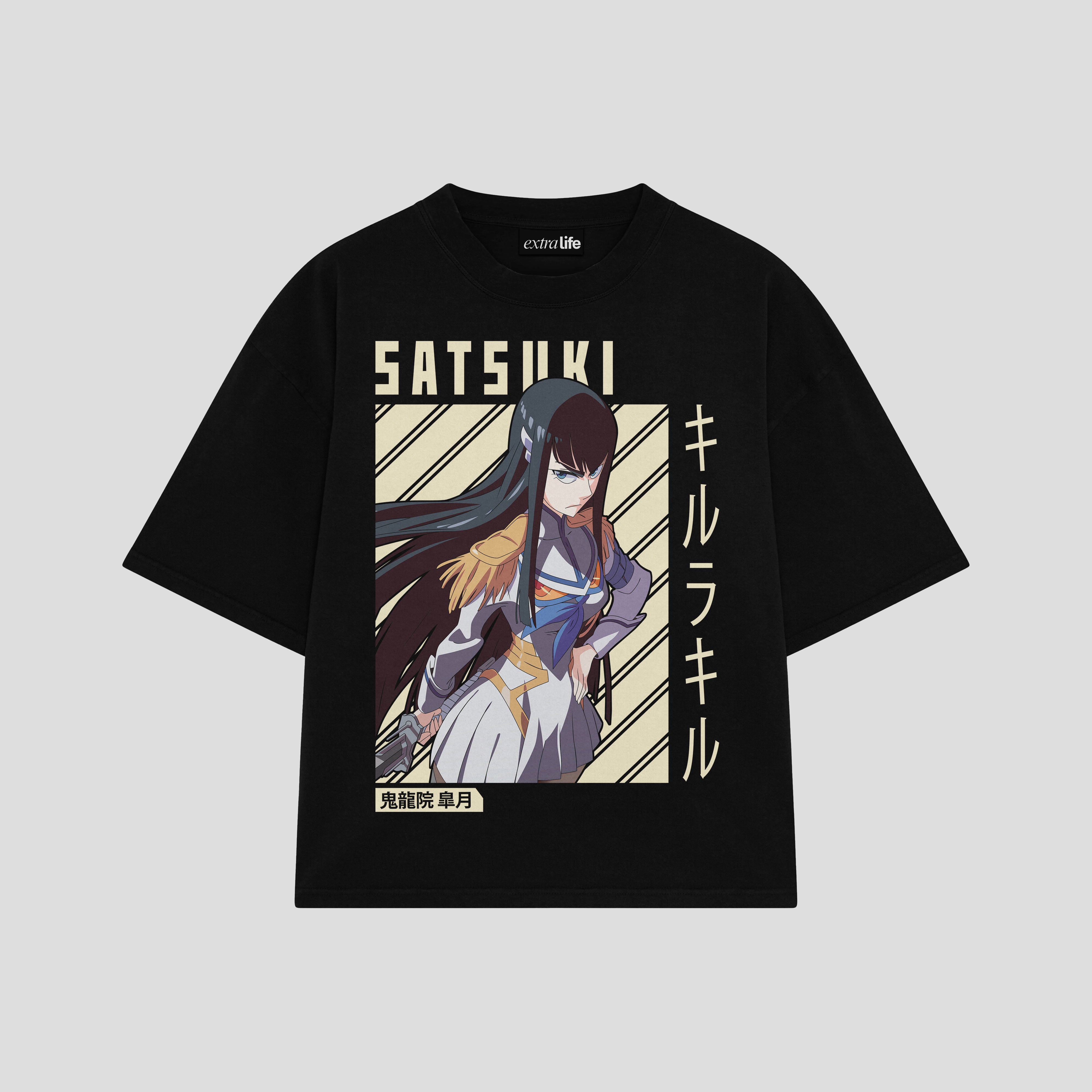 Playera streetwear premium de anime y gaming ExtraLife MX, corte boxy oversized drop shoulder heavyweight en color Deep Black y Off-White, moda urbana mexicana de culto.