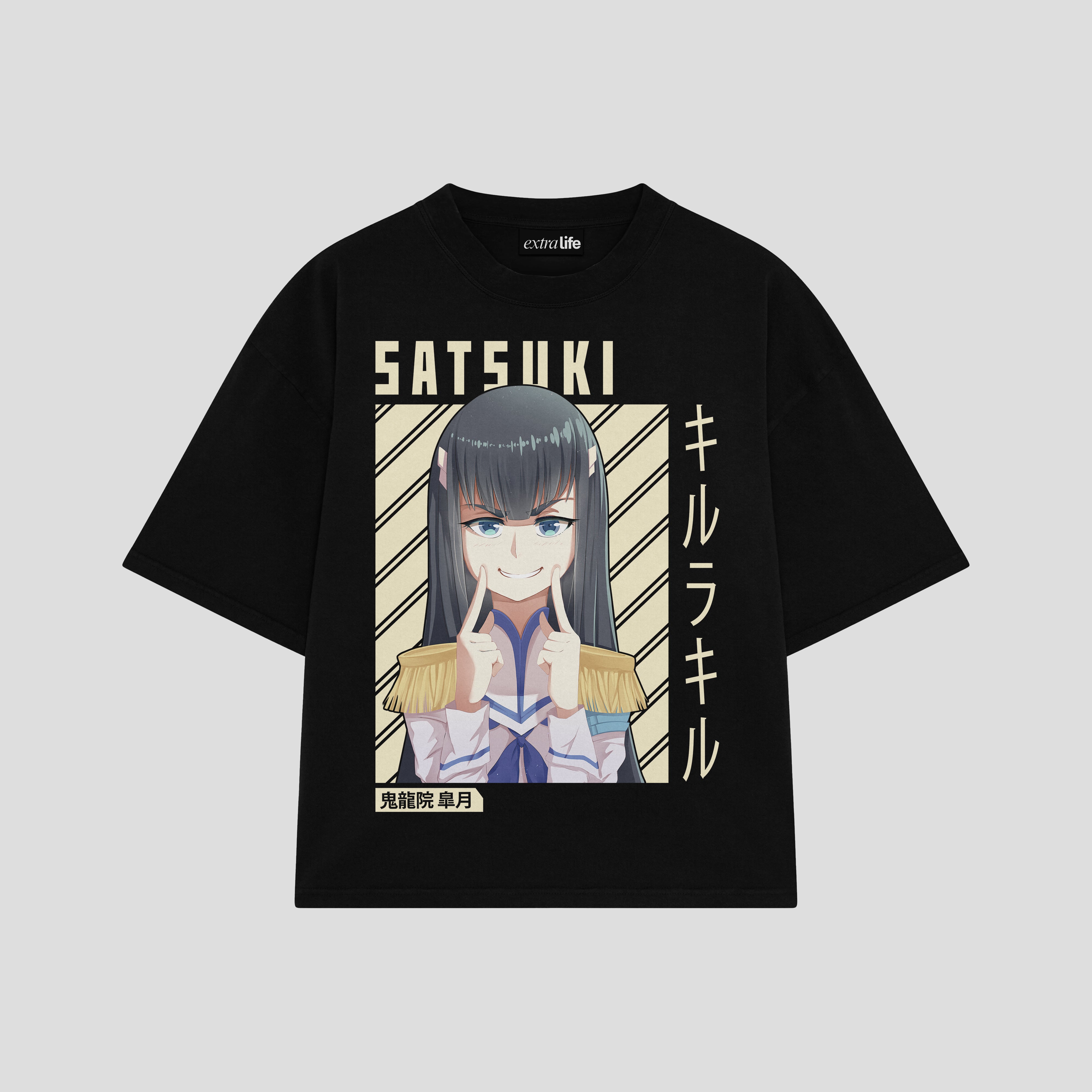 Playera streetwear premium de anime y gaming ExtraLife MX, corte boxy oversized drop shoulder heavyweight en color Deep Black y Off-White, moda urbana mexicana de culto.