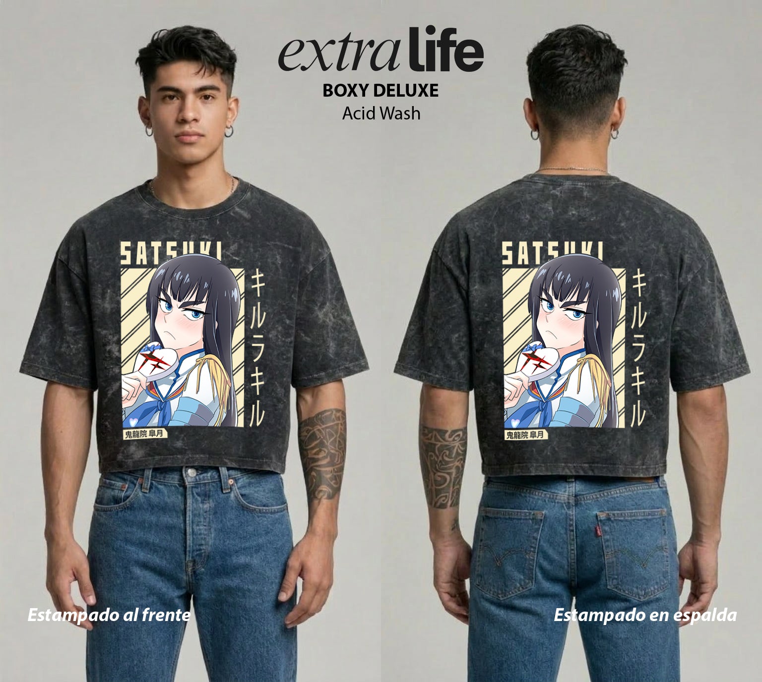 Playera streetwear premium de anime y gaming ExtraLife MX, corte boxy deluxe mineral wash heavyweight en color Acid Wash, moda urbana mexicana de culto.